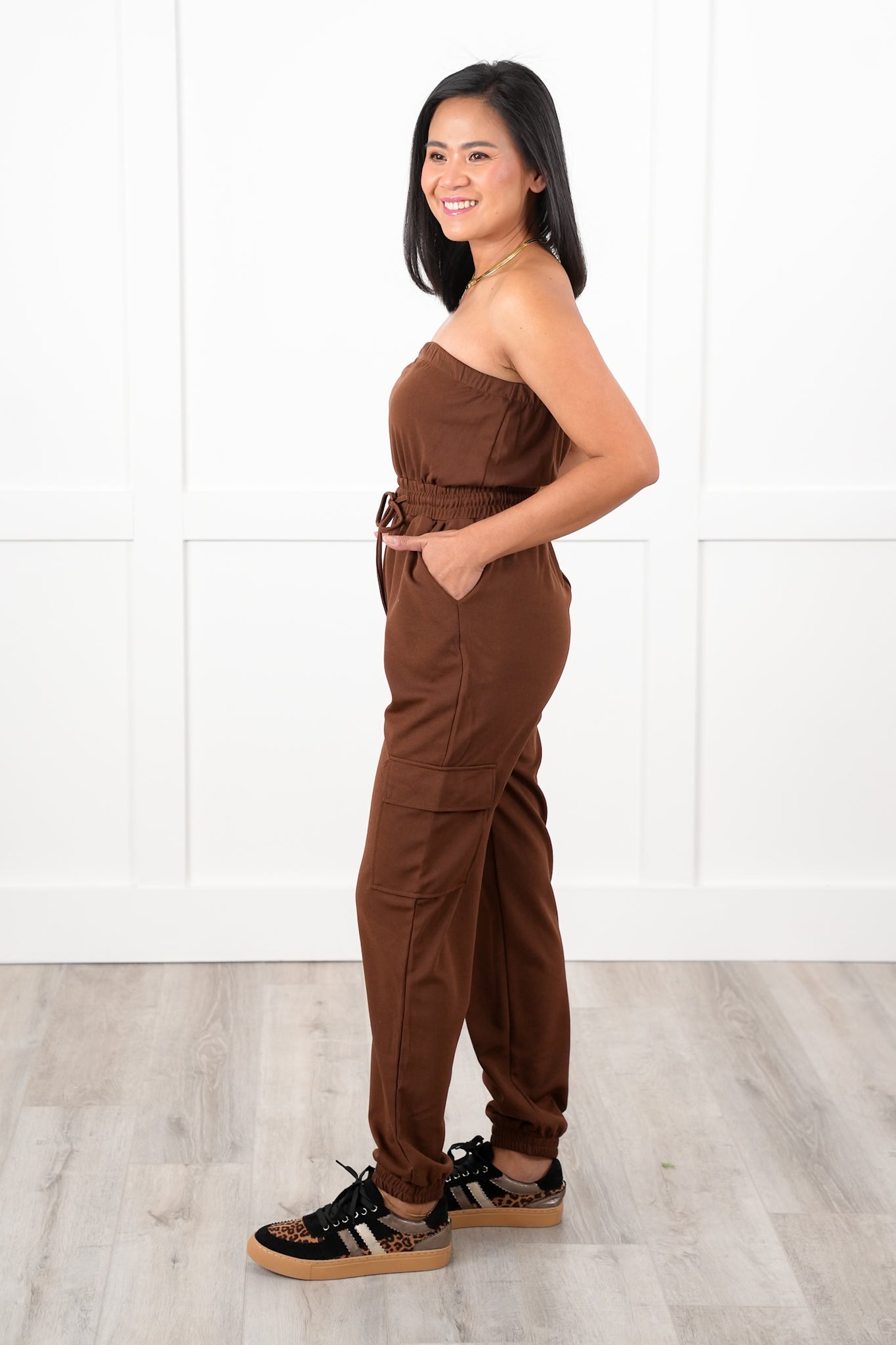 Solid Strapless Cargo Jogger Jumpsuit