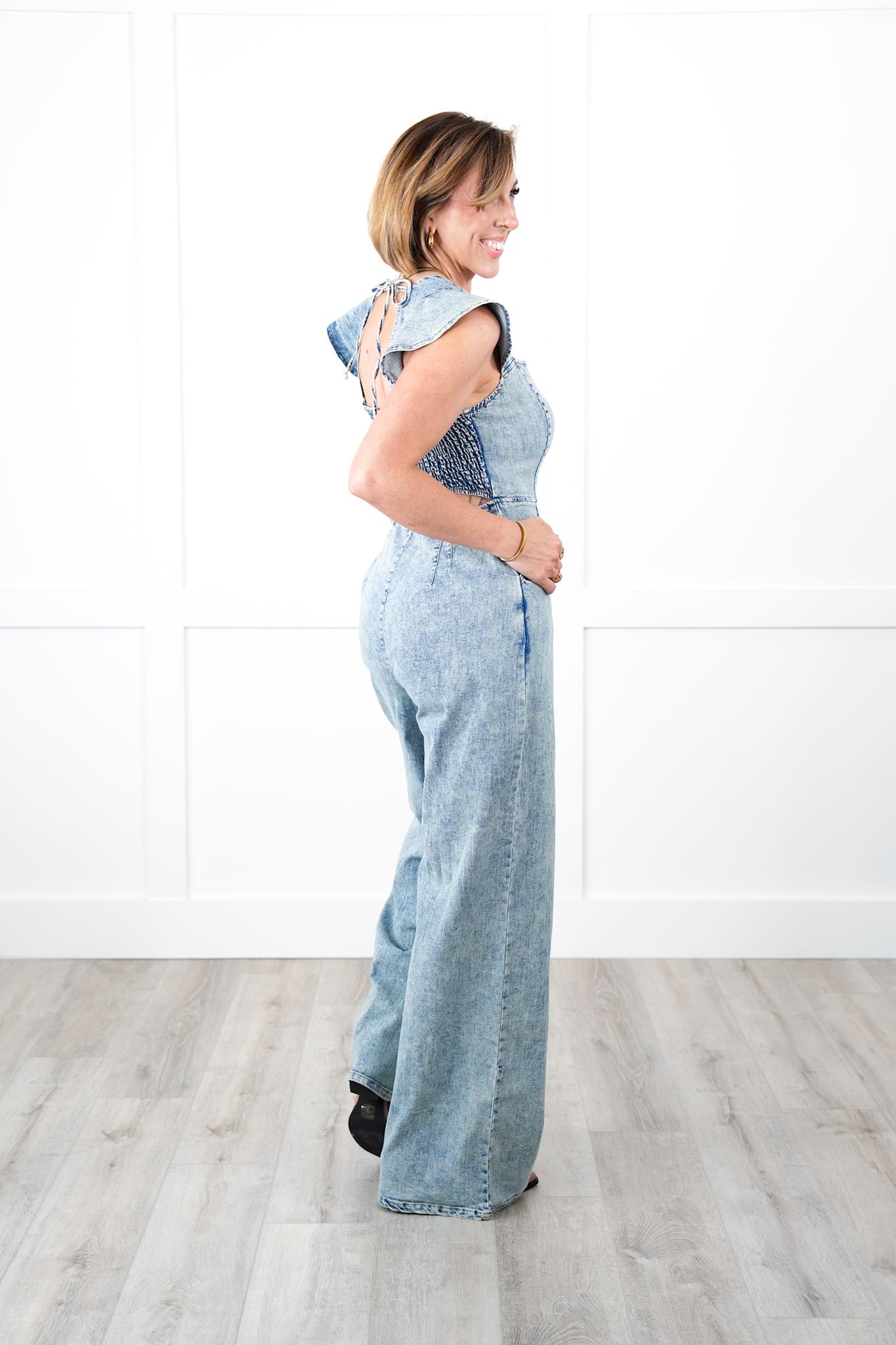 Plus/Reg Denim Sleeveless Jumpsuit with Smocked Back and Peek-a-Boo Detail