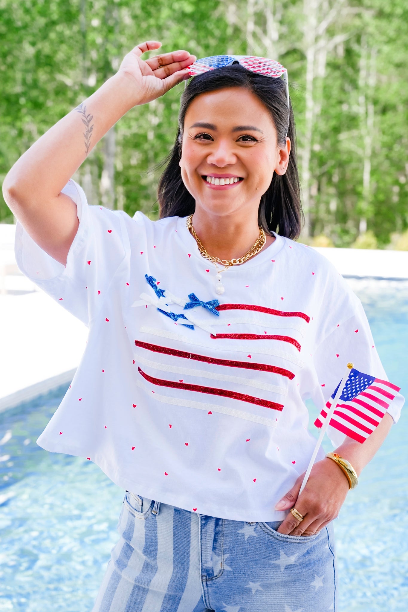 Short Sleeve Ribbon American Flag Top with Bow Detail