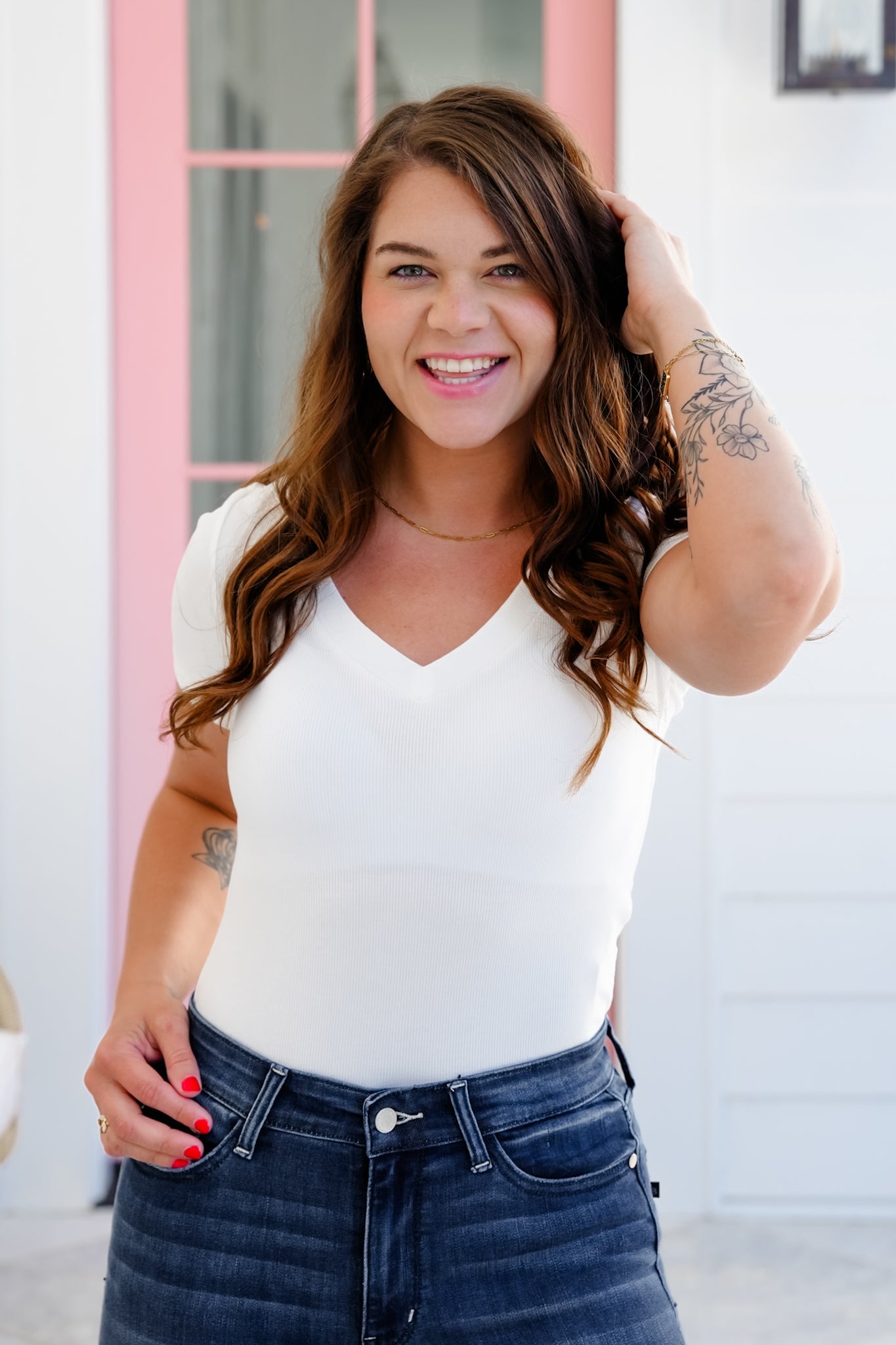 Ribbed Knit Short Sleeve V Neck Bodysuit