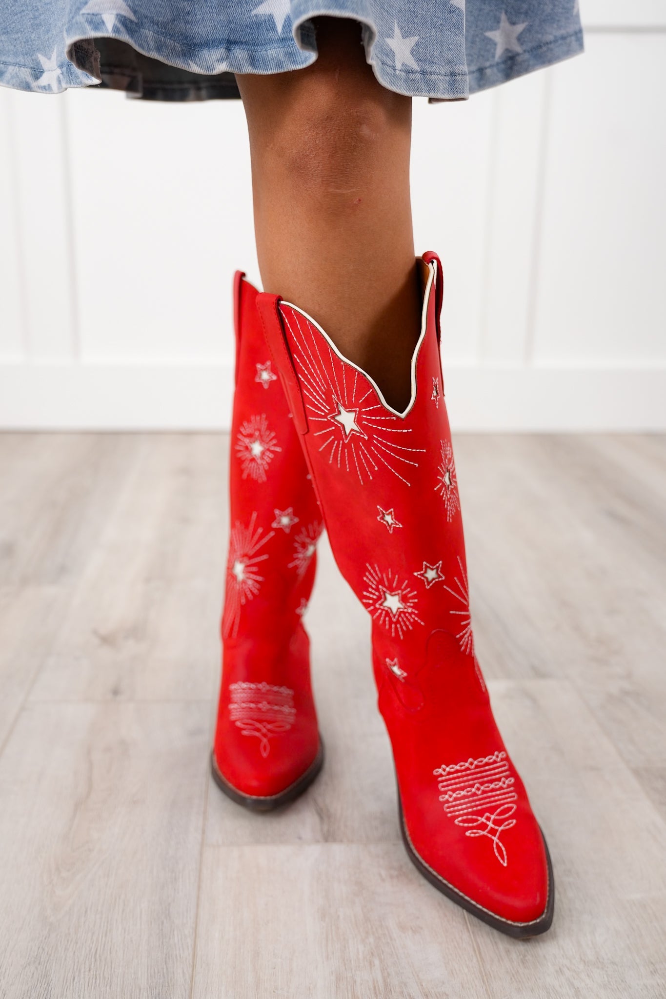 Western Knee High Heeled Boot with Star Cutout Accents