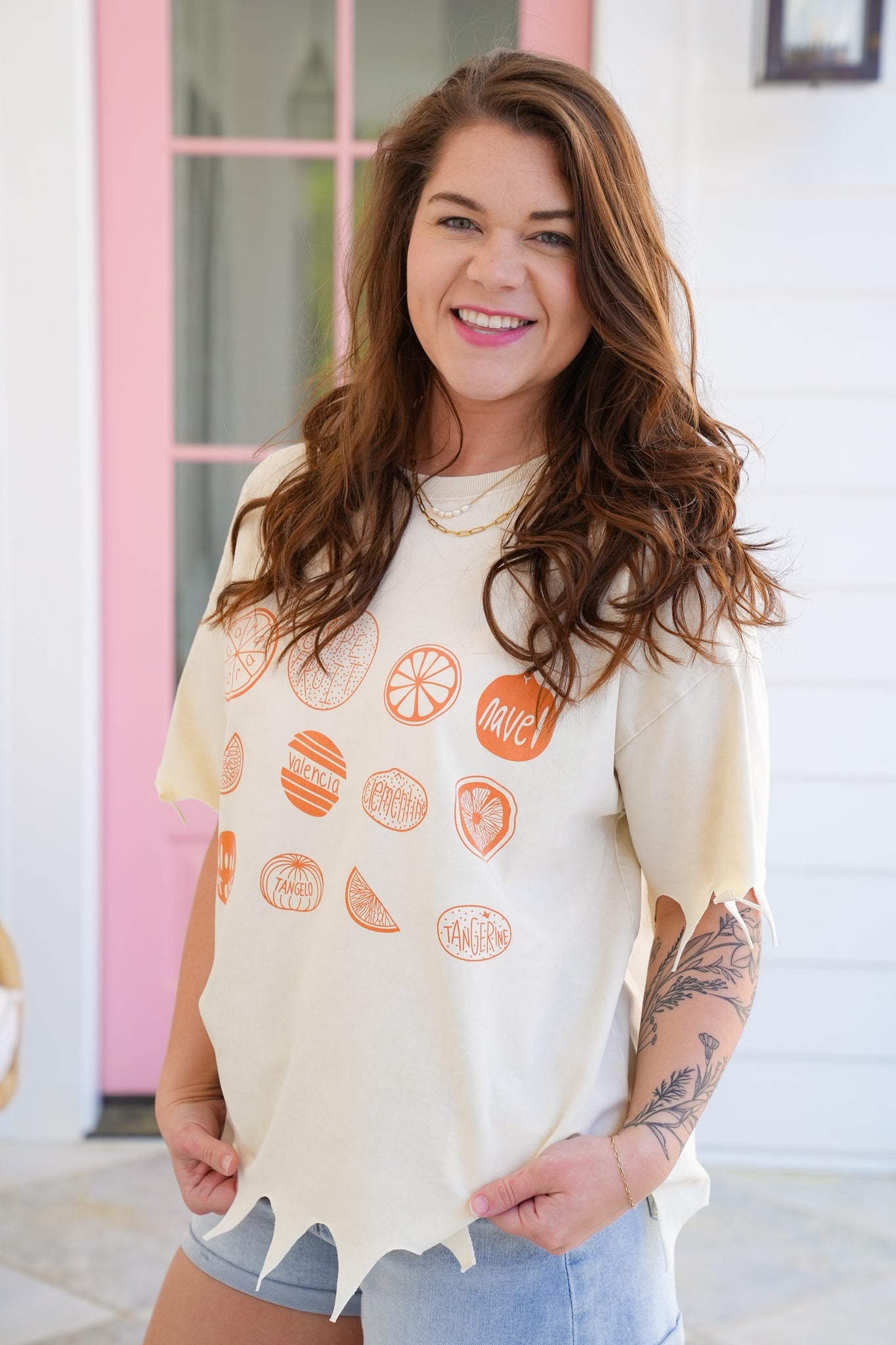 Short Sleeve Citrus Print Graphic Tee with Laser Cut Detail