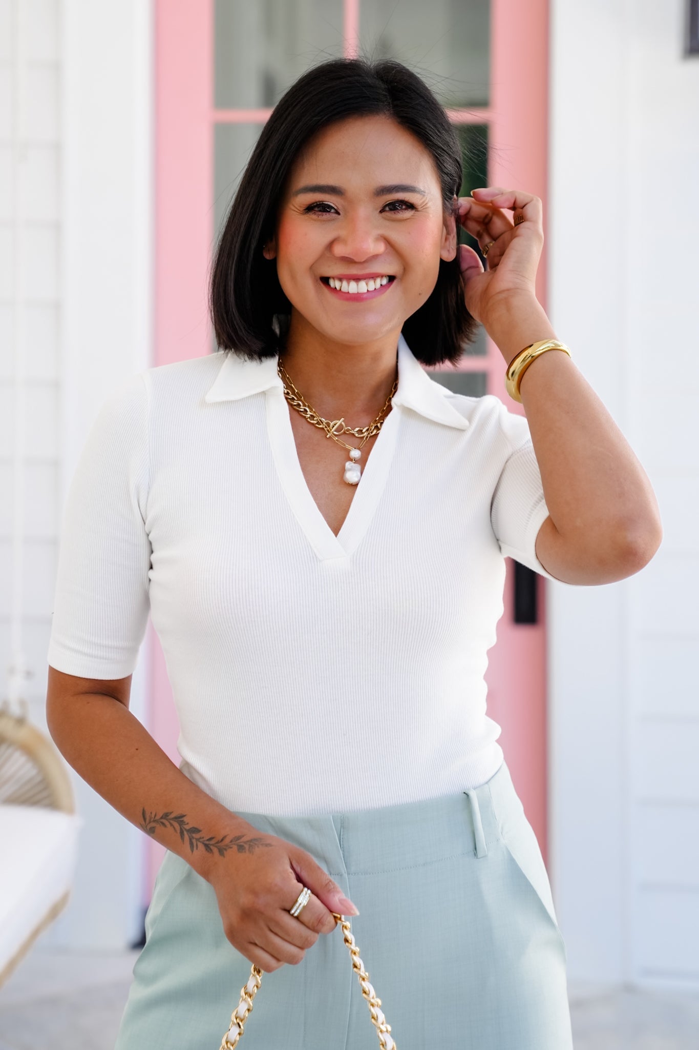 Ribbed Knit Short Sleeve Polo Neck Bodysuit