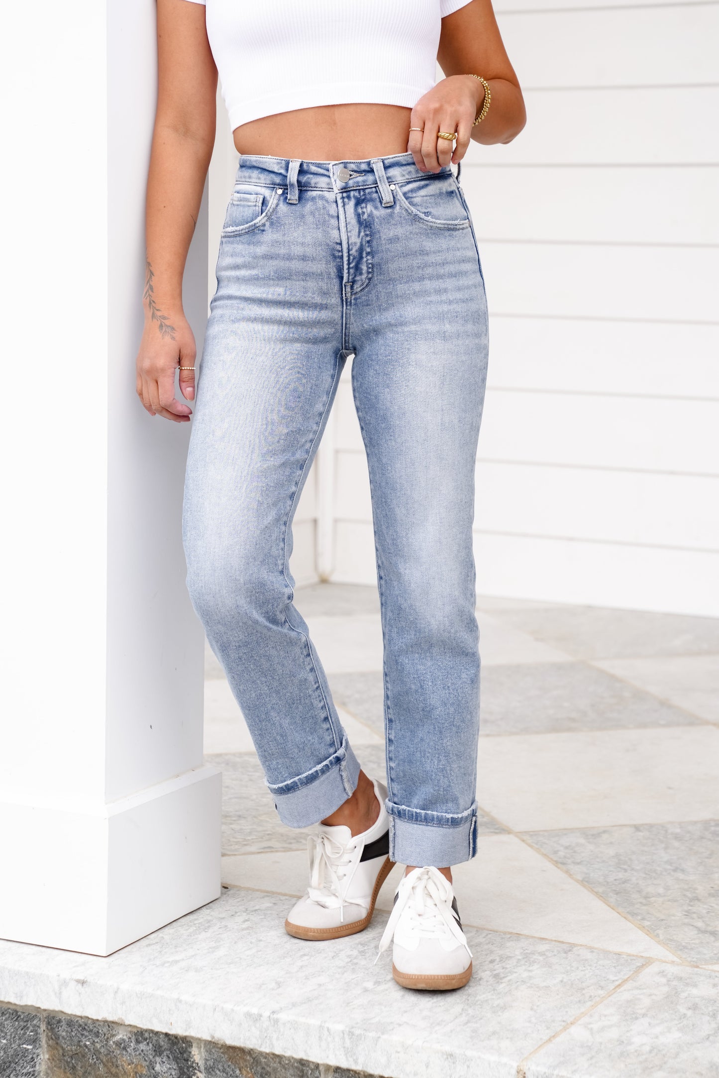 Risen High Rise Light Wash Tummy Control Straight Leg Cuffed Jeans