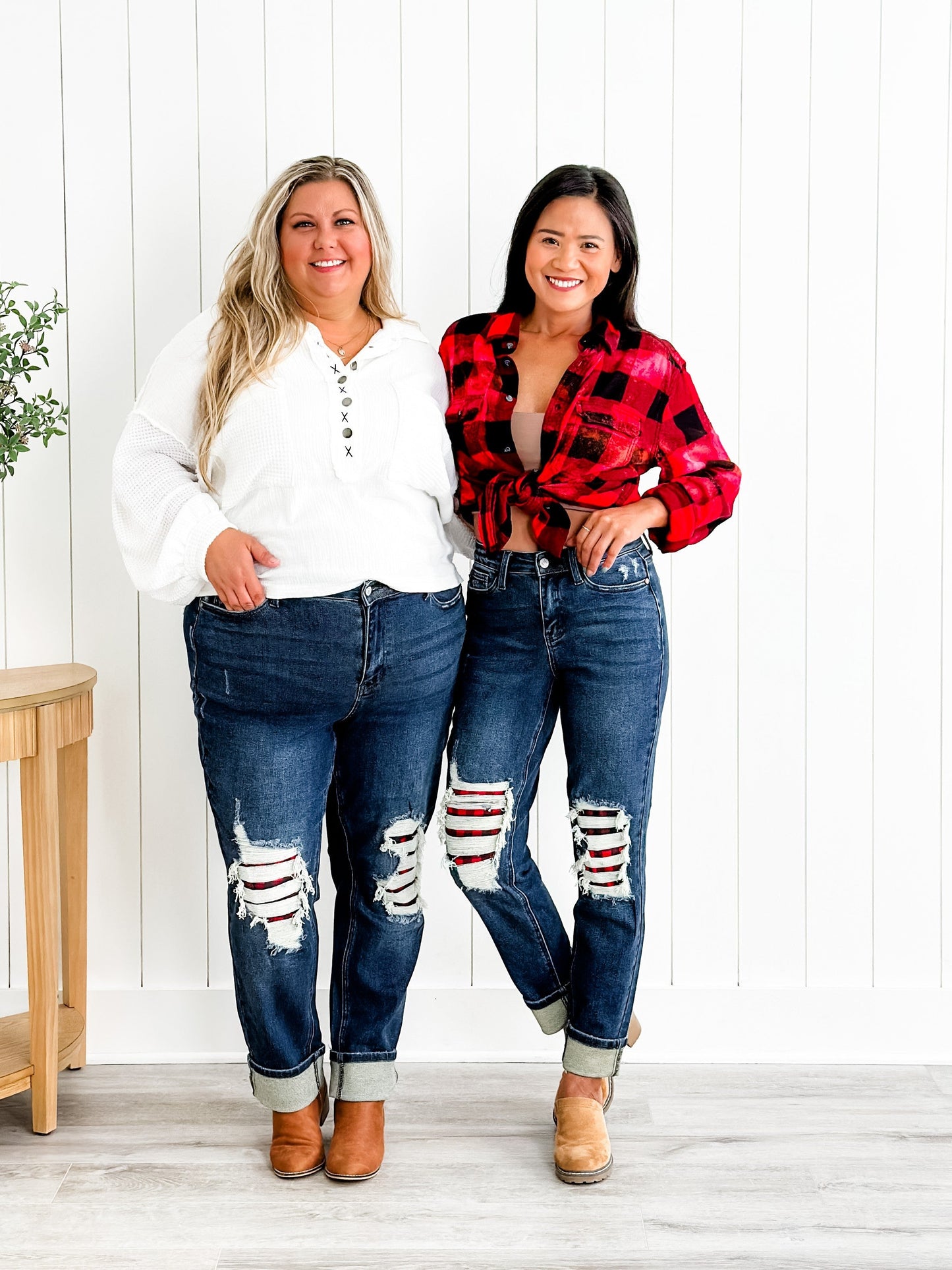 Judy Blue Warm and Cozy Mid Rise Dark Wash Boyfriend Buffalo Plaid Knee Destroy Patches With Cuff Jeans