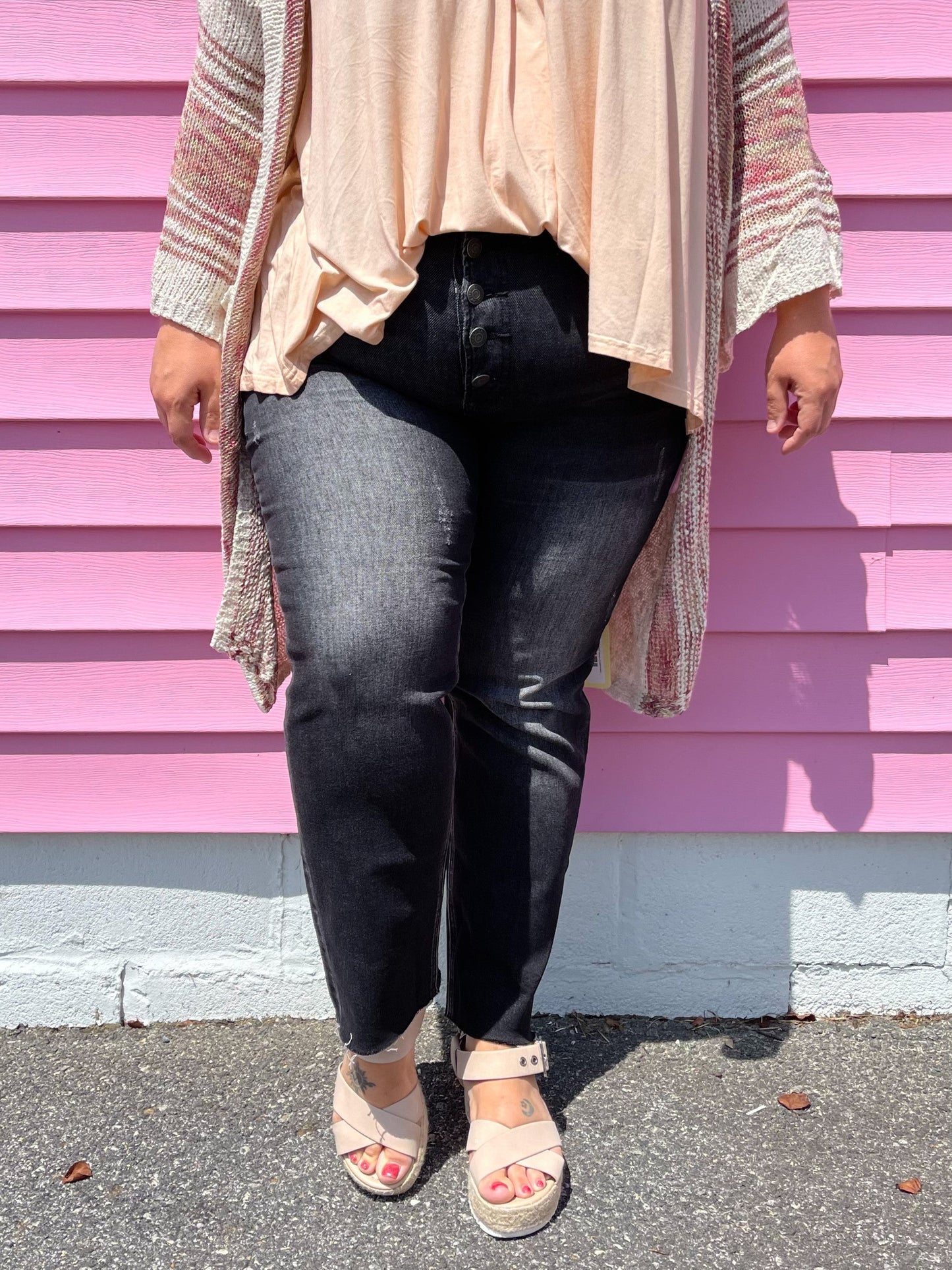 Risen Black Mid Rise Button Fly Relaxed Fit Skinny Jeans