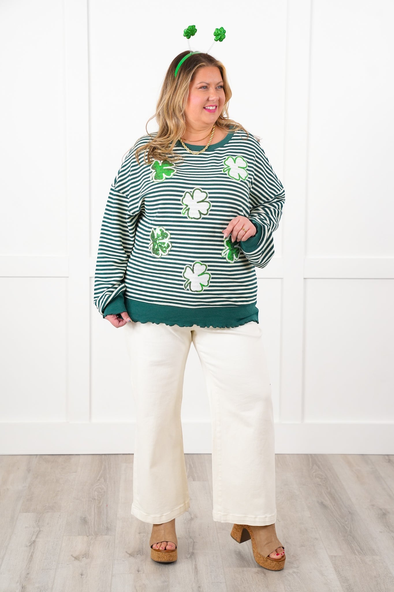 Sequin 4 Leaf Clover Stripe Long Sleeve Top