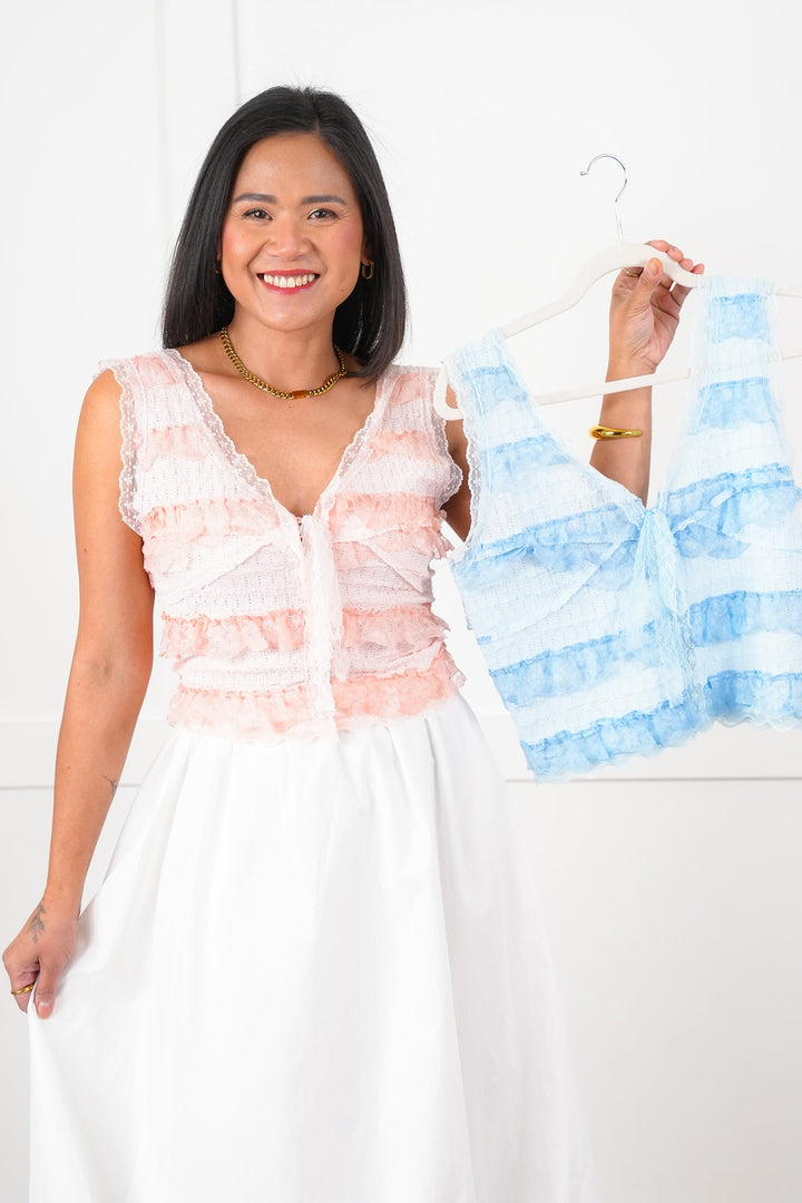 POL Woven Lace Ruffle Sleeveless V Neck Crop Top