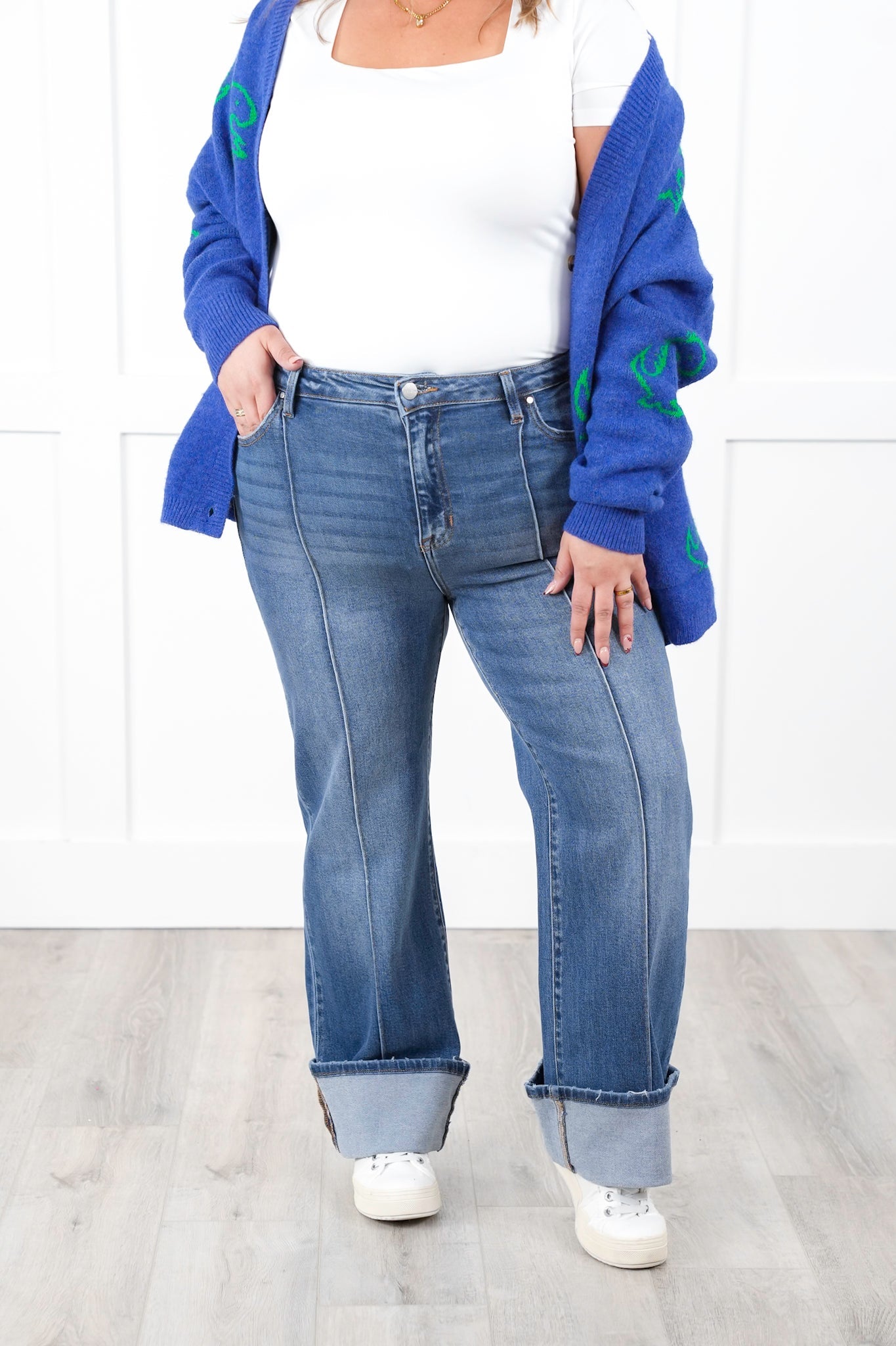 Risen High Rise Medium Wash Wide Leg Straight Cuffed Ankle Jeans
