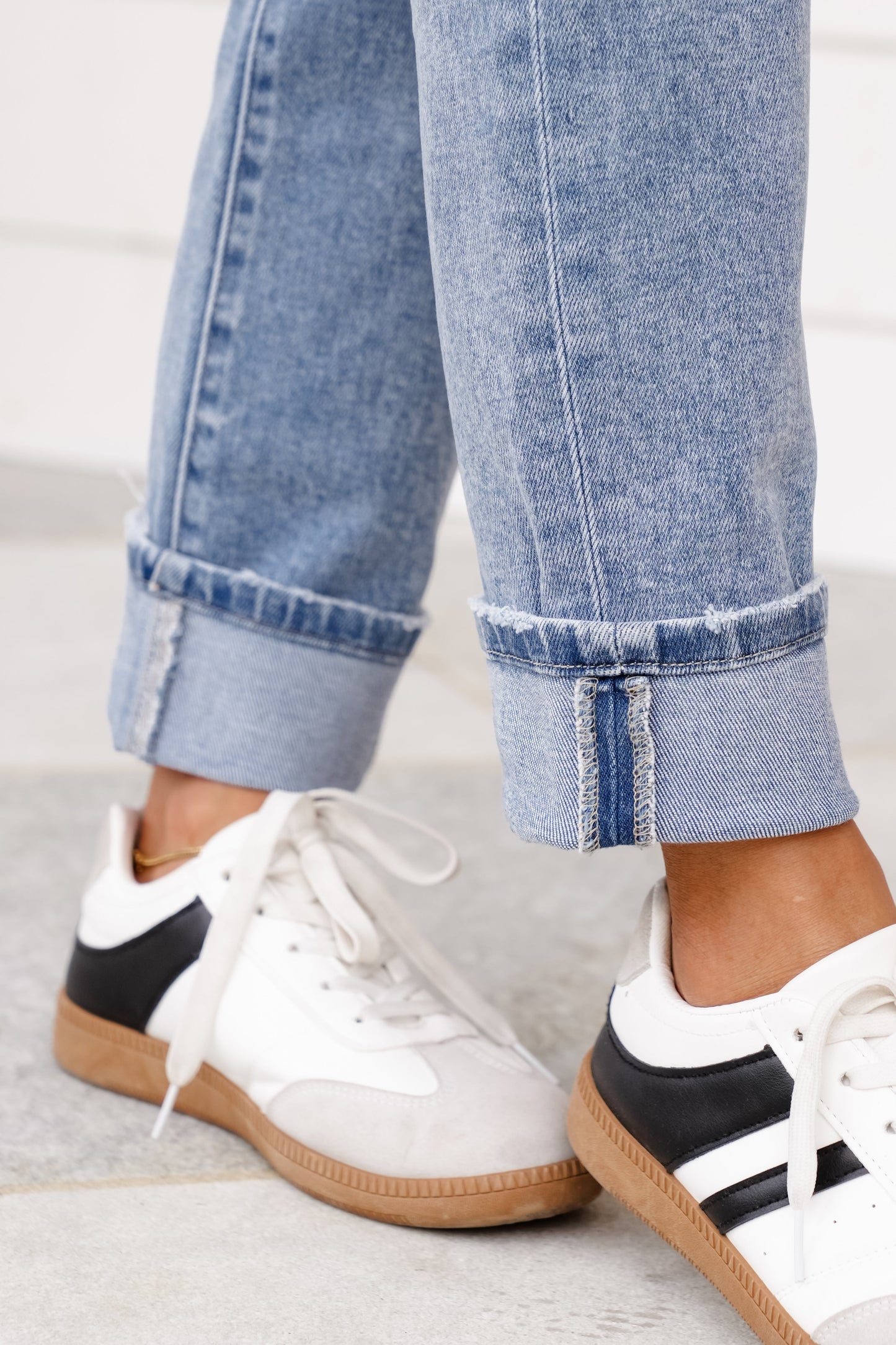 Risen High Rise Light Wash Tummy Control Straight Leg Cuffed Jeans