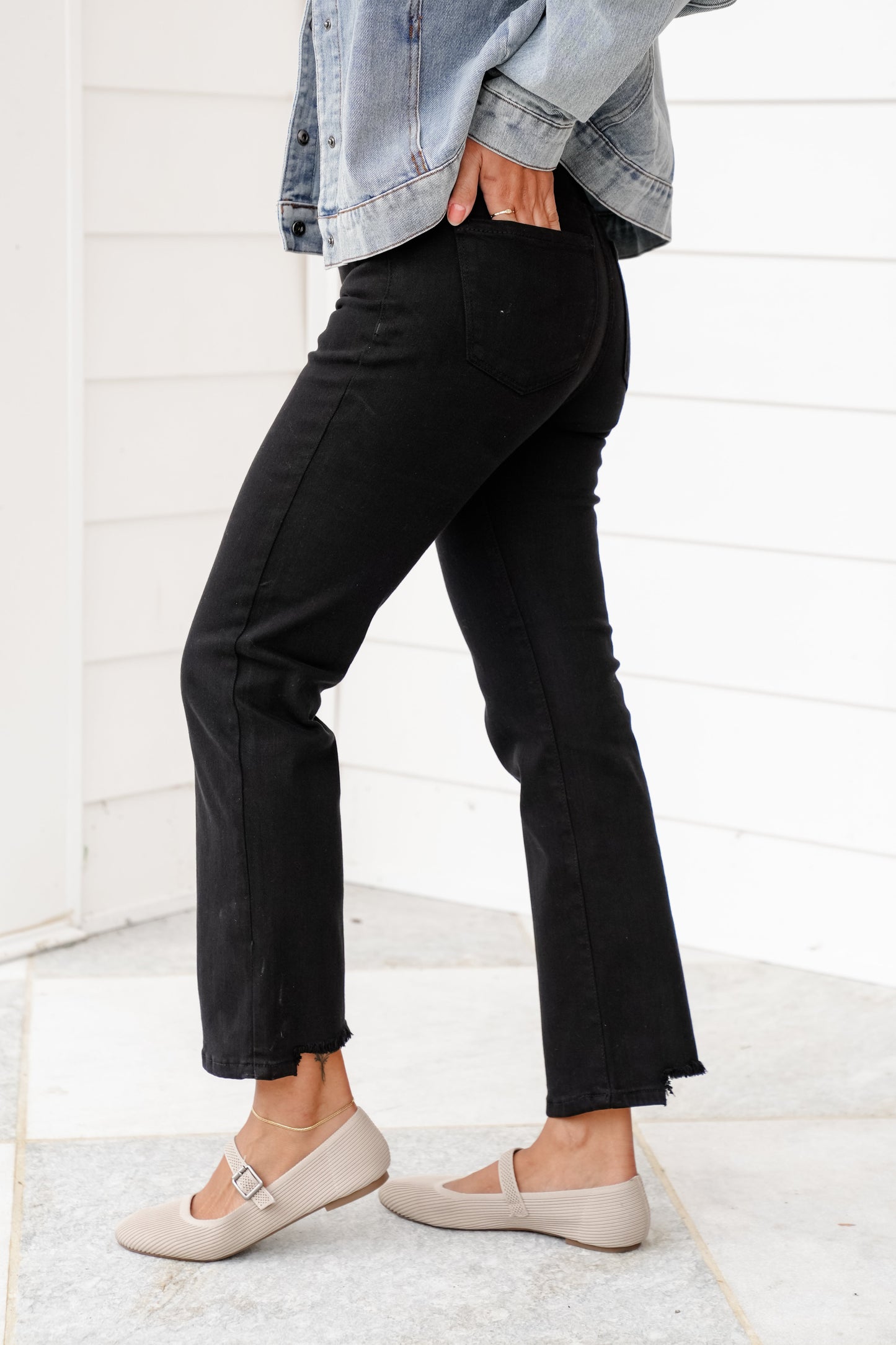 Risen She's a Ten High Rise Black Tummy Control Elastic Waistband Cropped Straight Leg Jeans