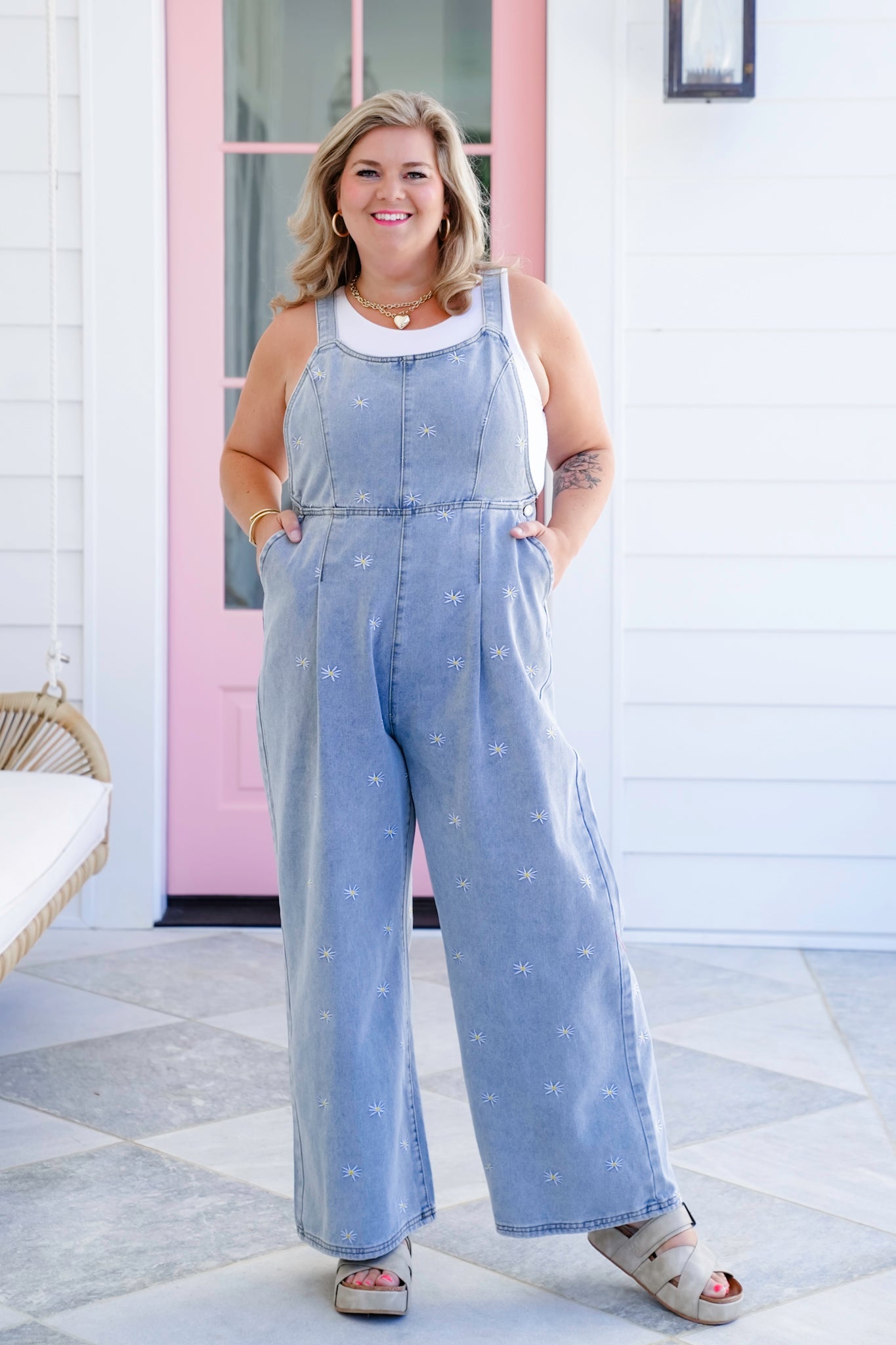 Plus/Reg Denim Overalls with Daisy Embroidered Detail