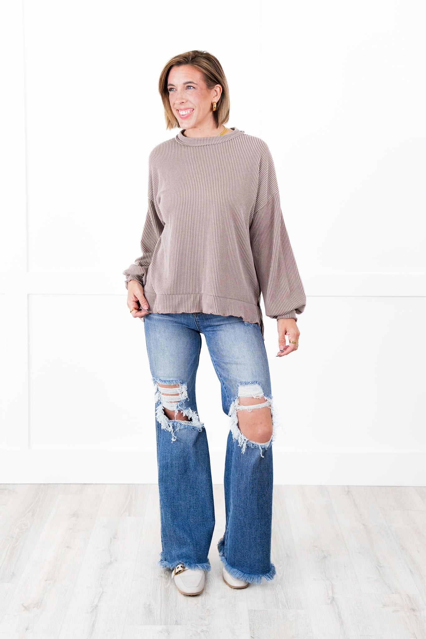 Ribbed Knit Long Sleeve Pullover Top