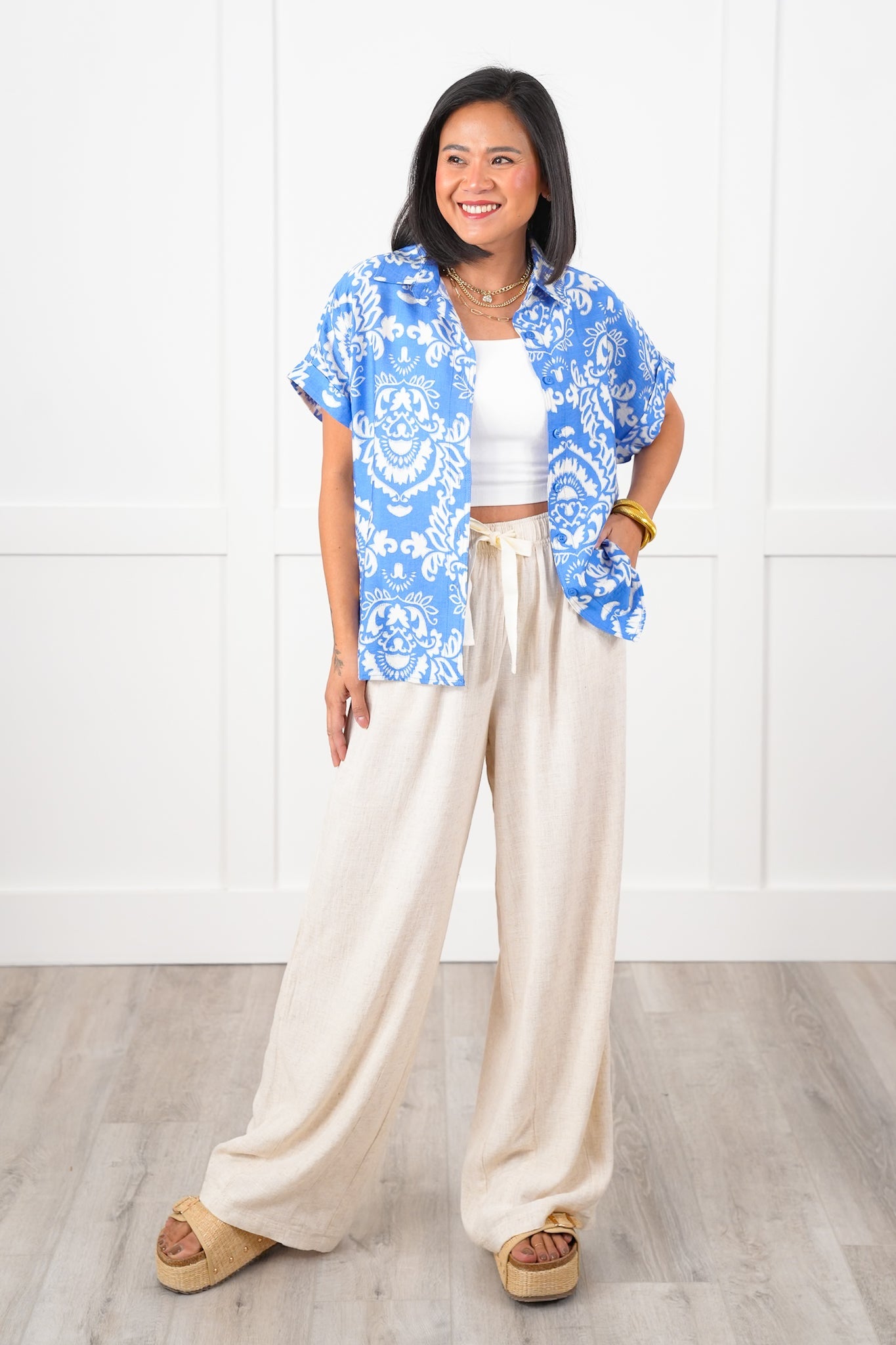 Blue Geometric Print Short Sleeve Button Down Top