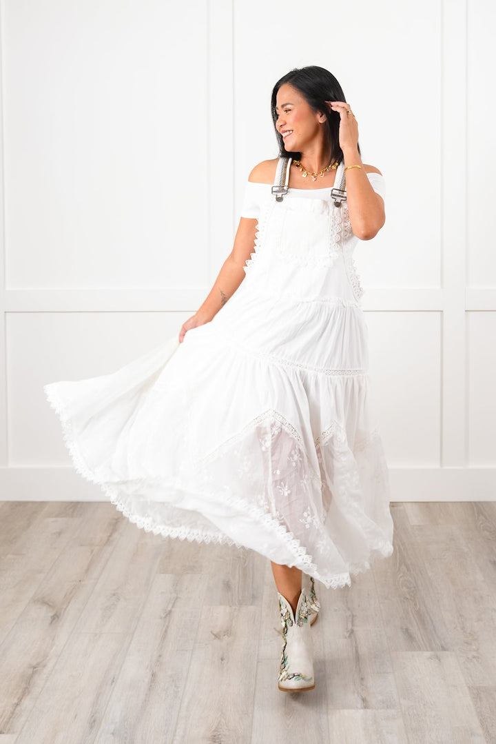 White Overall Dress with Embroidery Detail