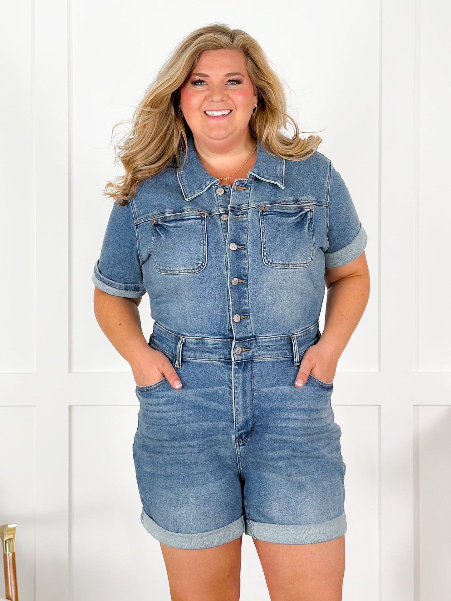 Plus/Reg Wildflower Judy Blue Denim Short Sleeve High Waist Romper