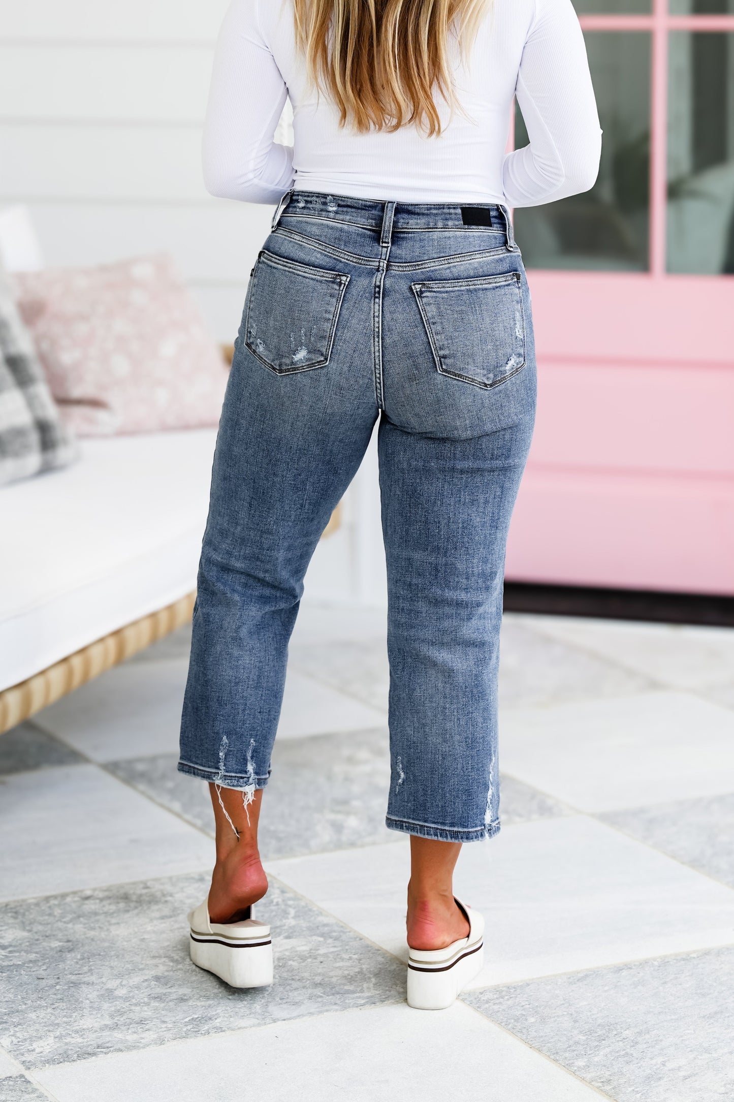 Judy Blue High Rise Medium Wash Button Fly Distressed Wide Leg Cropped Jeans