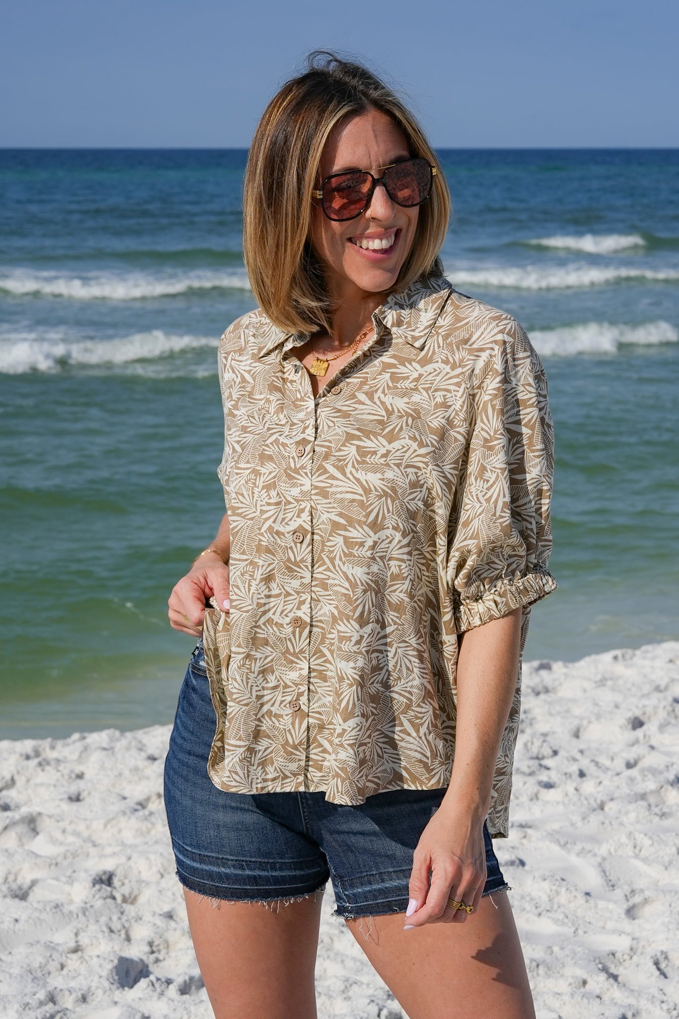 Tropical Print Short Doman Sleeve Button Down Top with Back Cut Out Detail