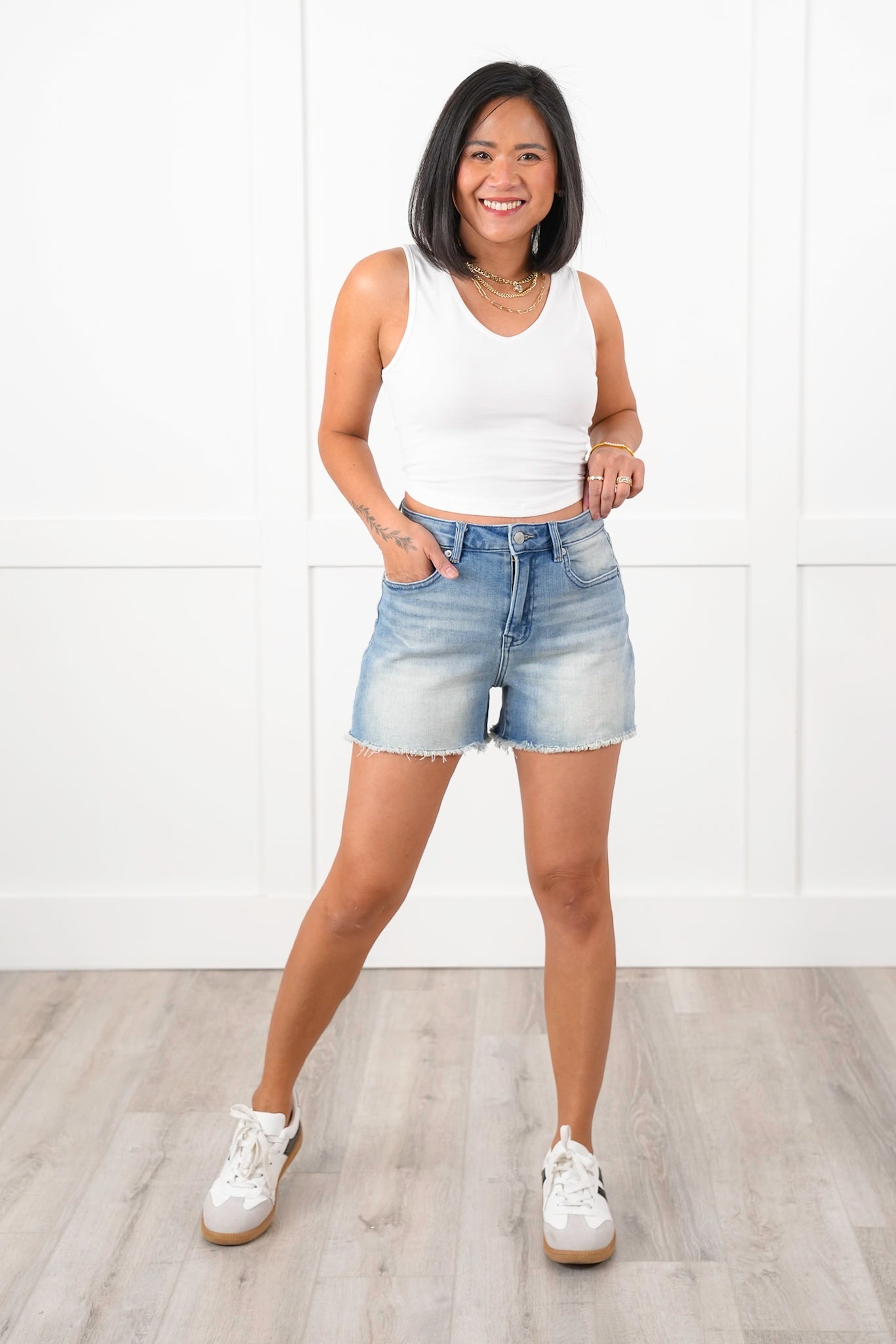 Mica Medium Wash Frayed Hem Shorts