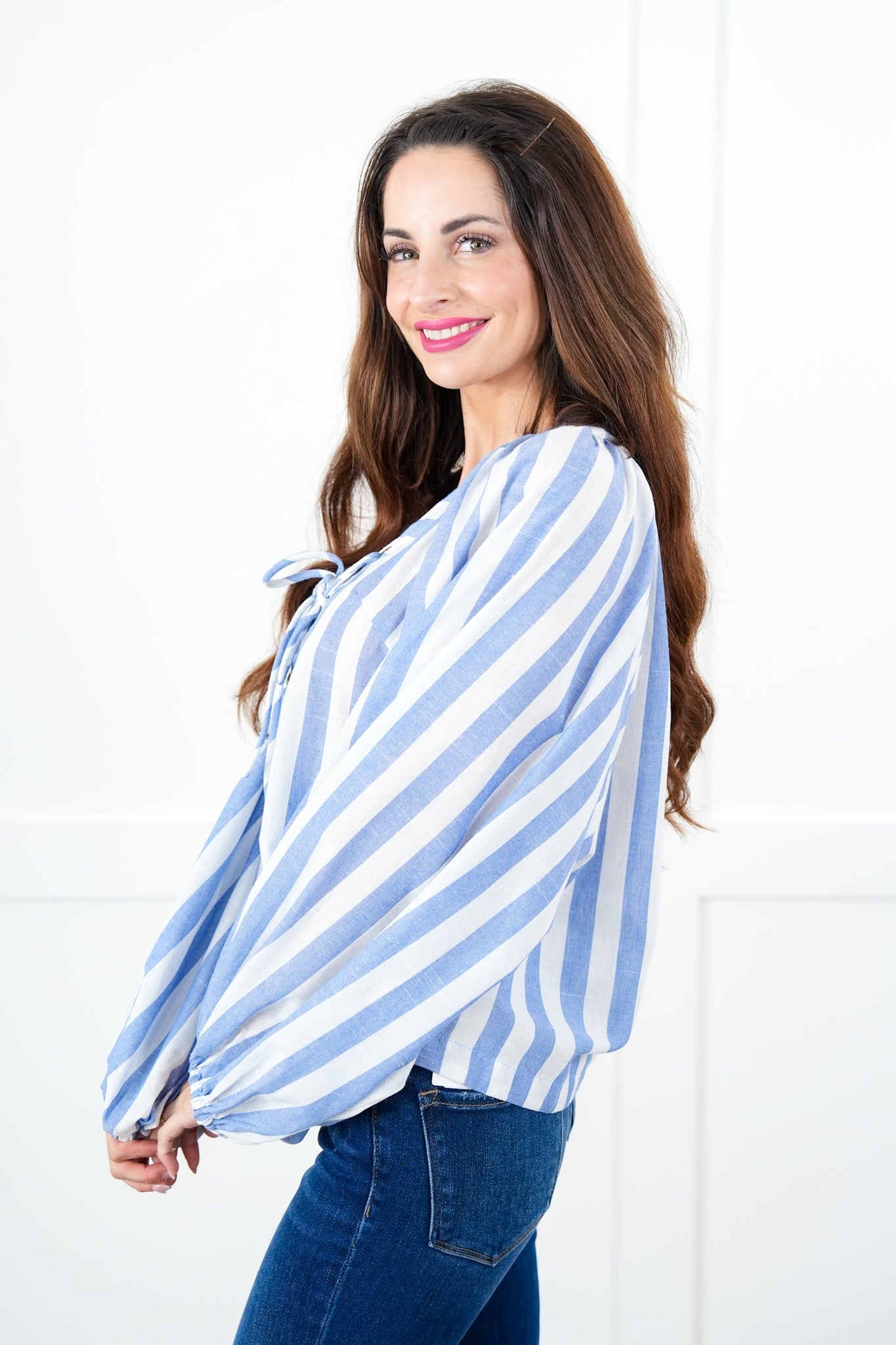 Stripe Long Dolman Sleeve Lace-Up Blouse