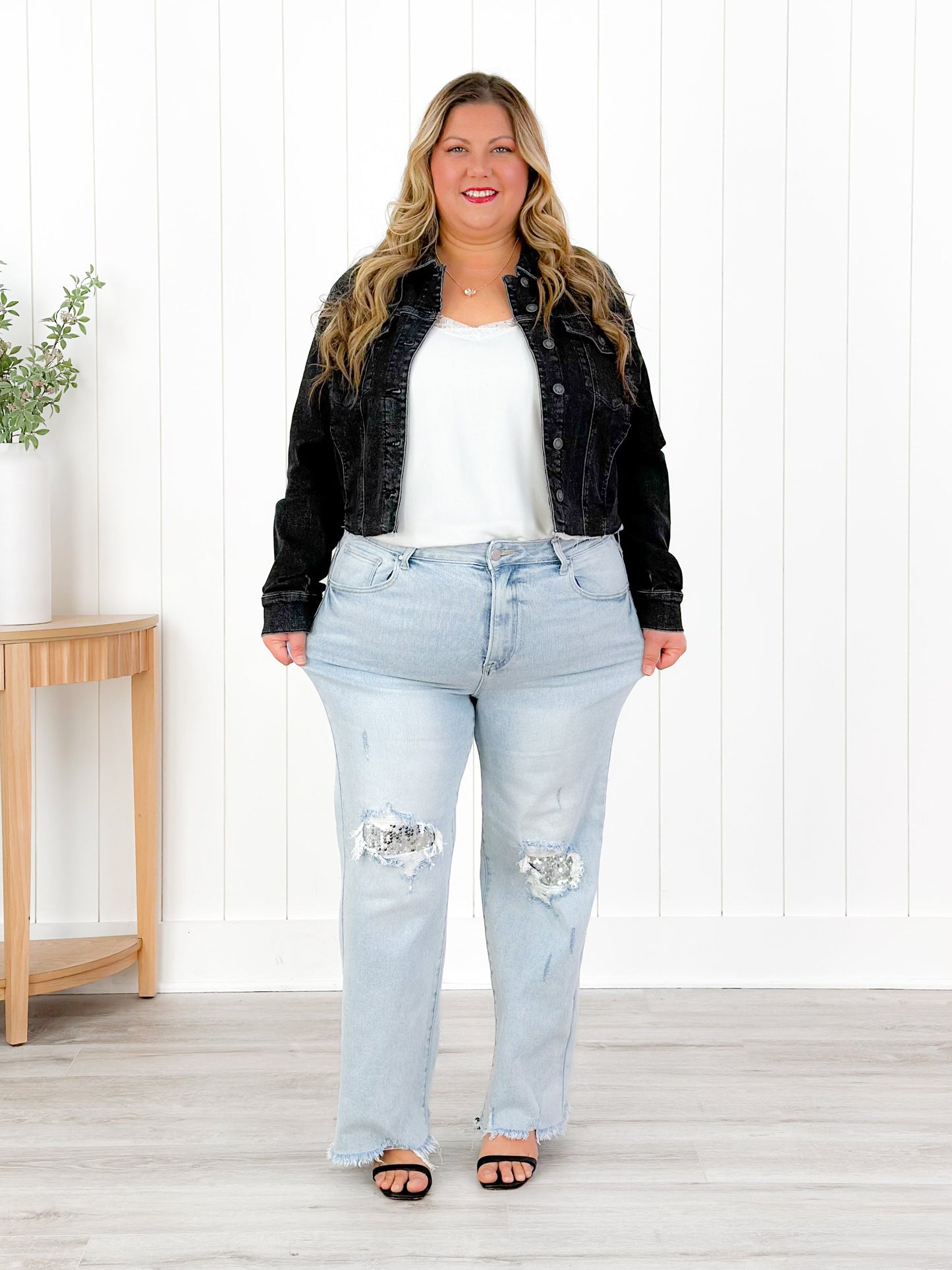 Risen High Rise Acid Wash Sequin Knee Patches Relaxed Straight Leg Jeans