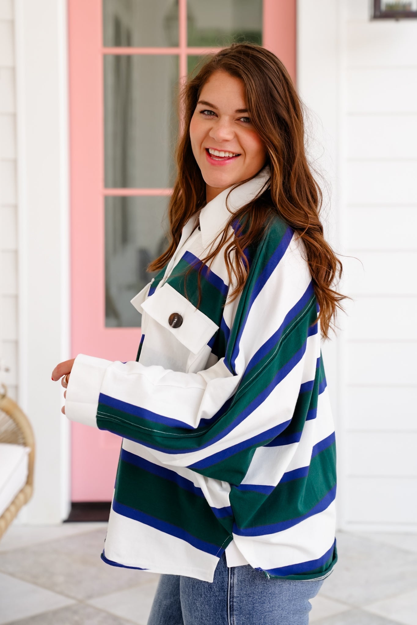 Restock! Oversized Stripe Long Sleeve Button Up Polo Top