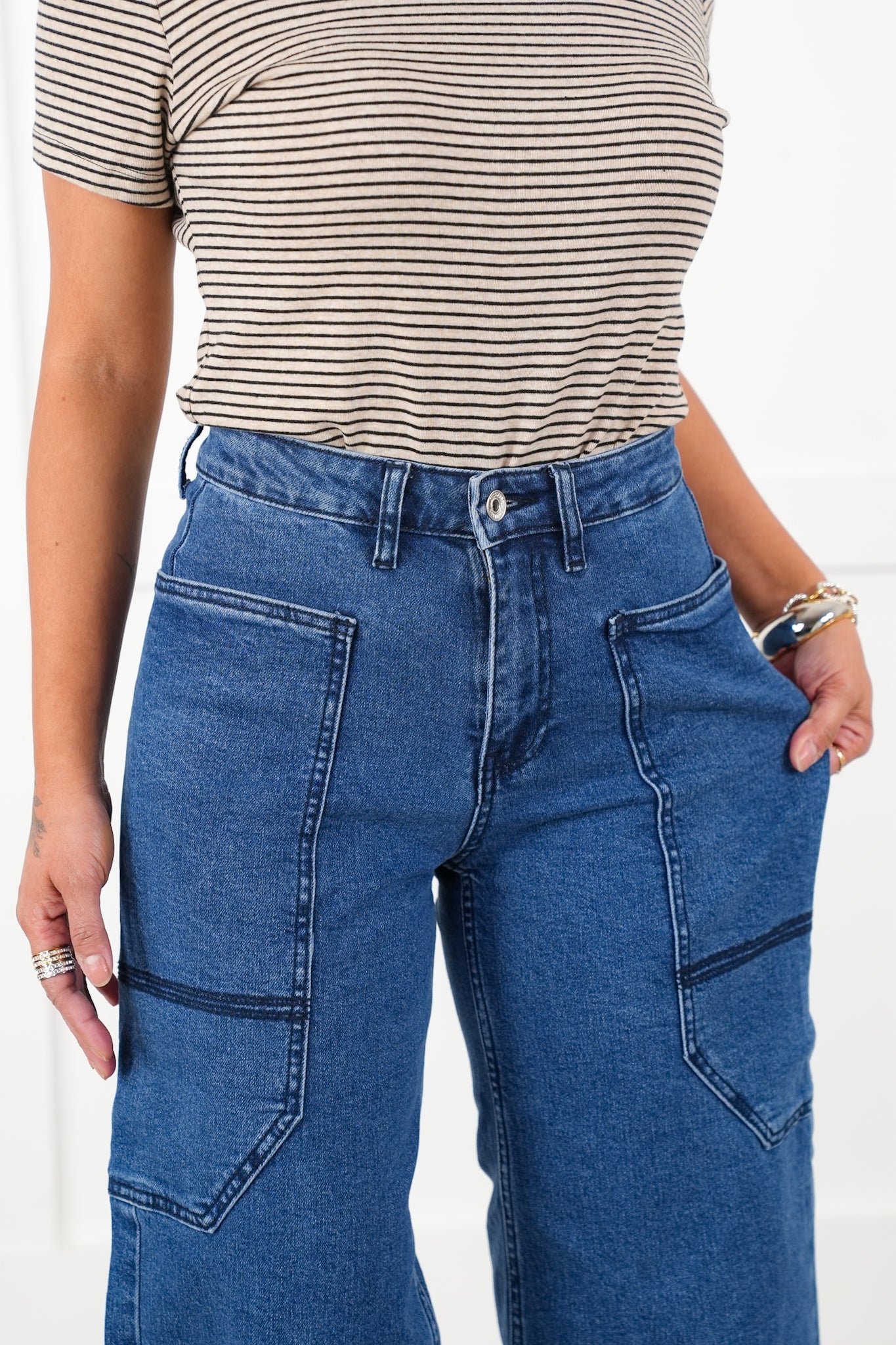 Special A High Rise Dark Wash Cropped Wide Leg Jeans with Extra Large Pockets