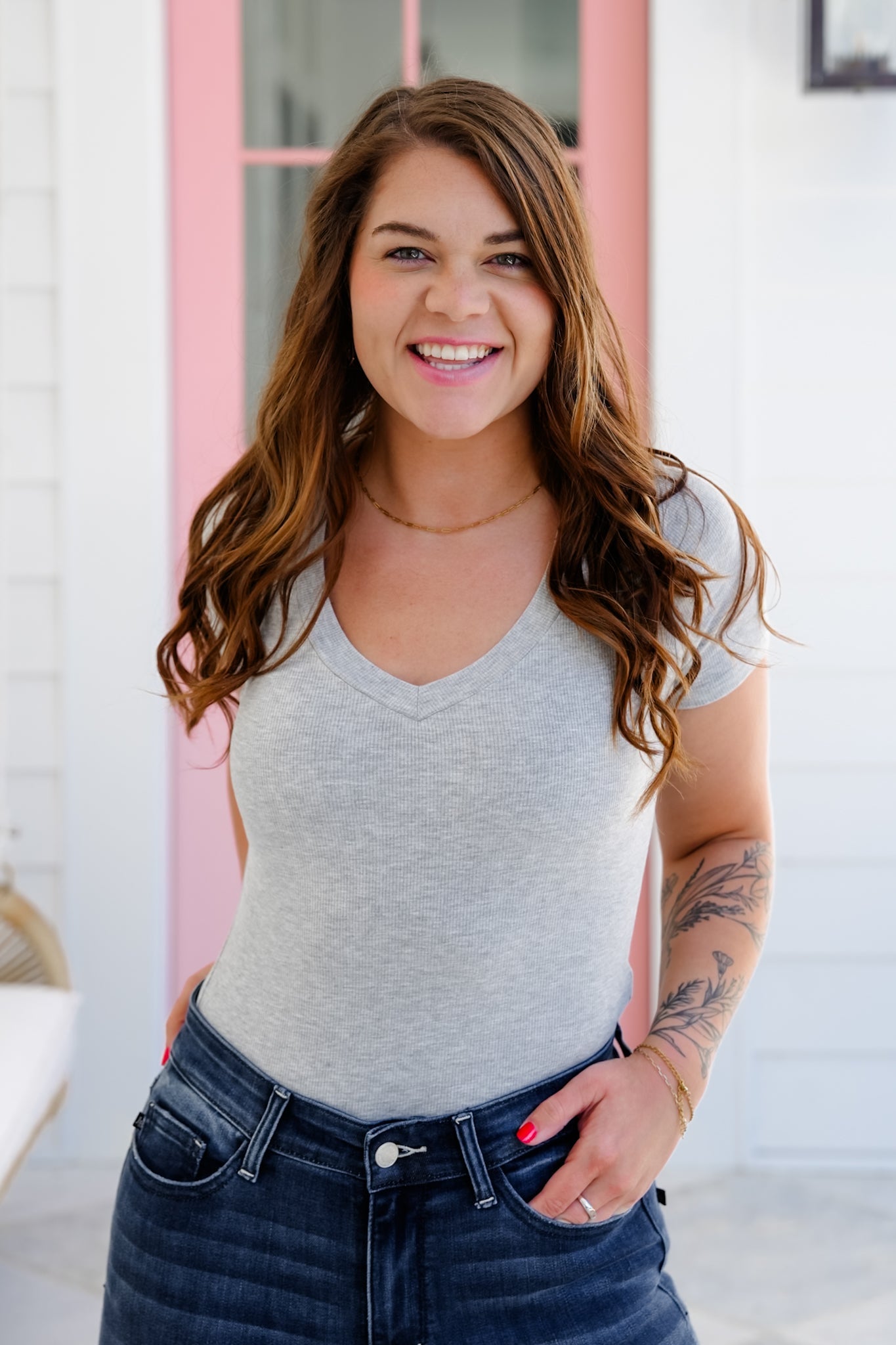 Ribbed Knit Short Sleeve V Neck Bodysuit