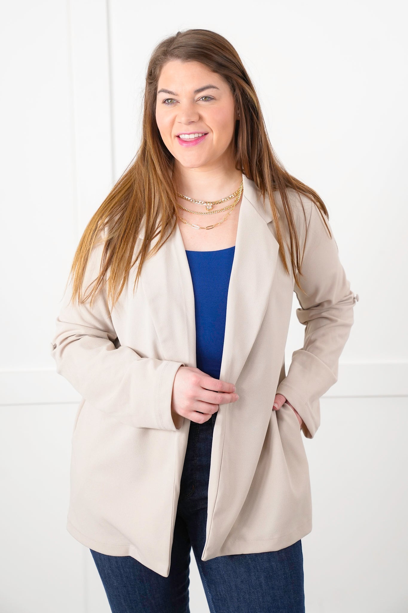 Door Buster! Plus/Reg Solid Button Tab Sleeve Open Blazer