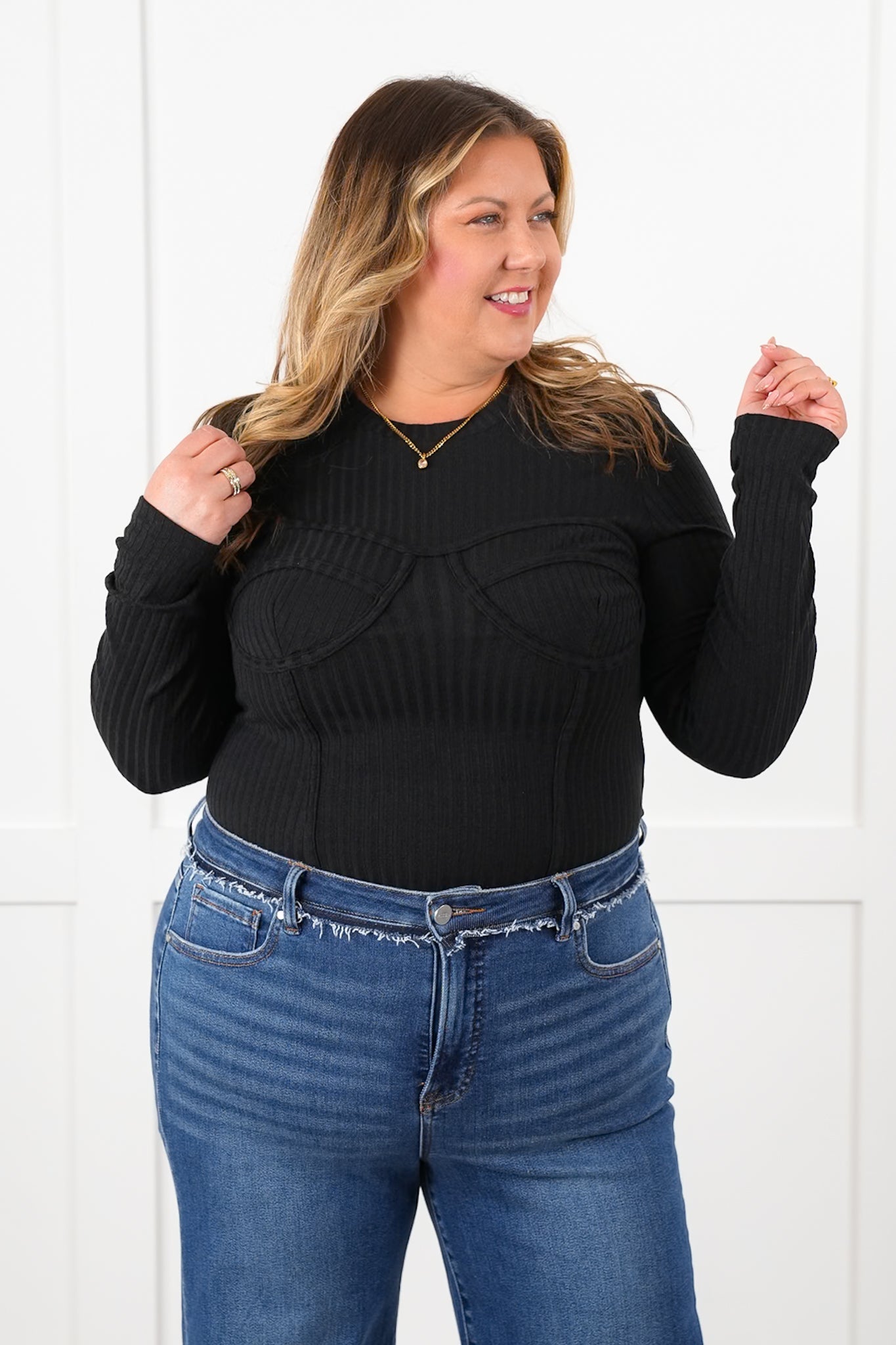 Ribbed Knit Long Sleeve Corset Top