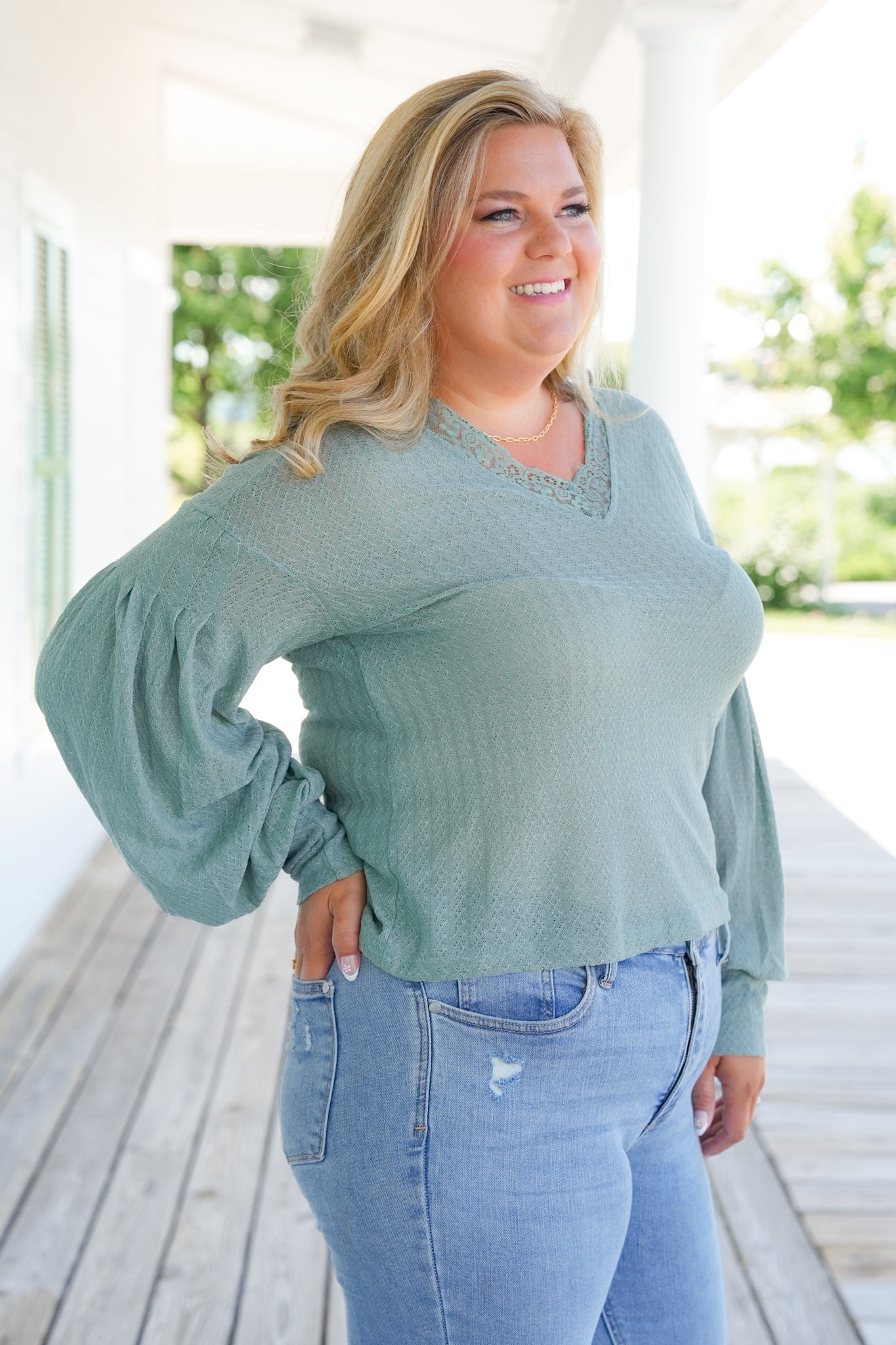 Knit Long Sleeve V Neck Top with Lace Detail (Multiple Colors)