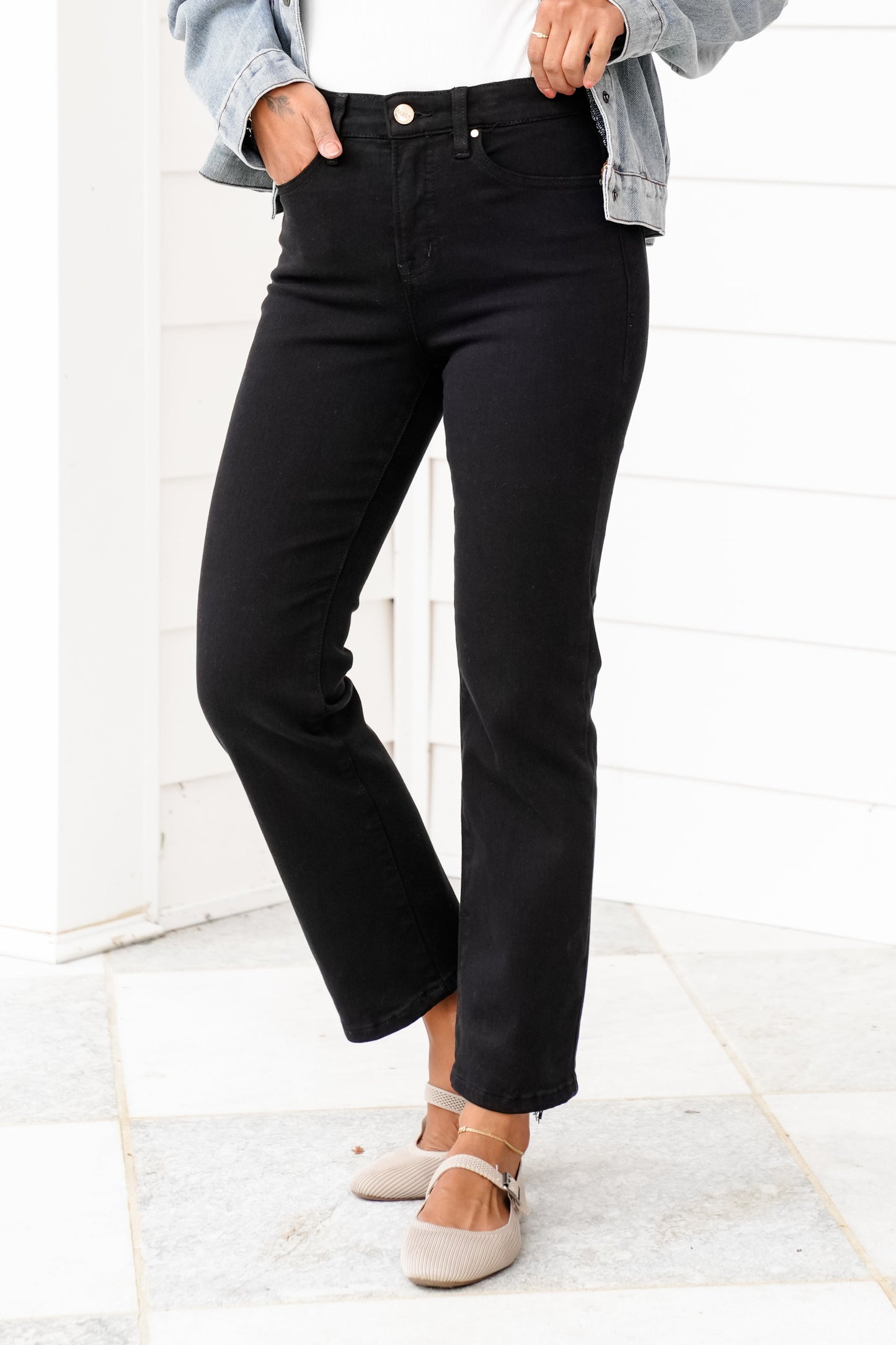 Risen She's a Ten High Rise Black Tummy Control Elastic Waistband Cropped Straight Leg Jeans