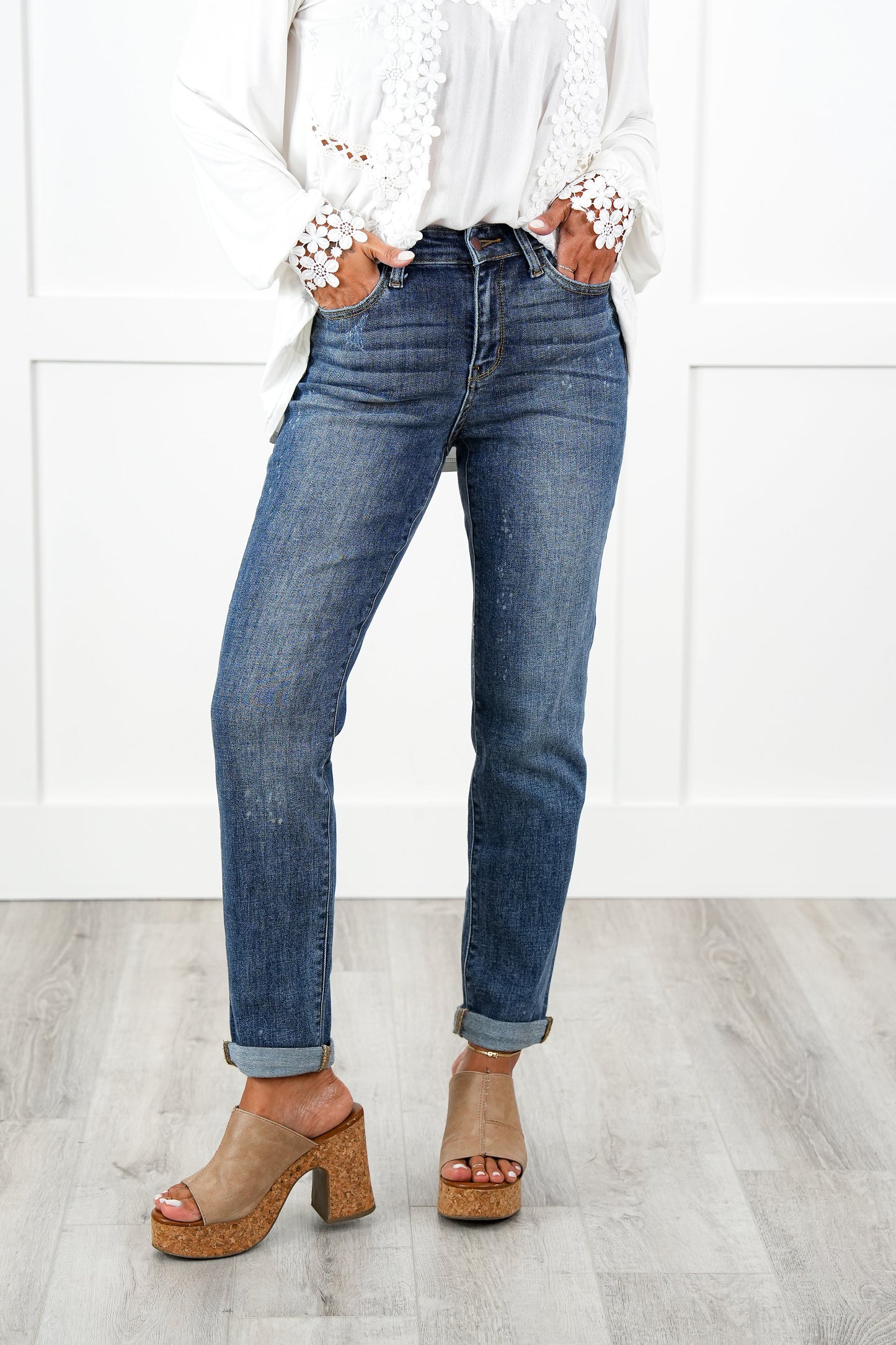 Judy Blue Bethany Bleach Dark Wash High Rise Bleach Splash Boyfriends