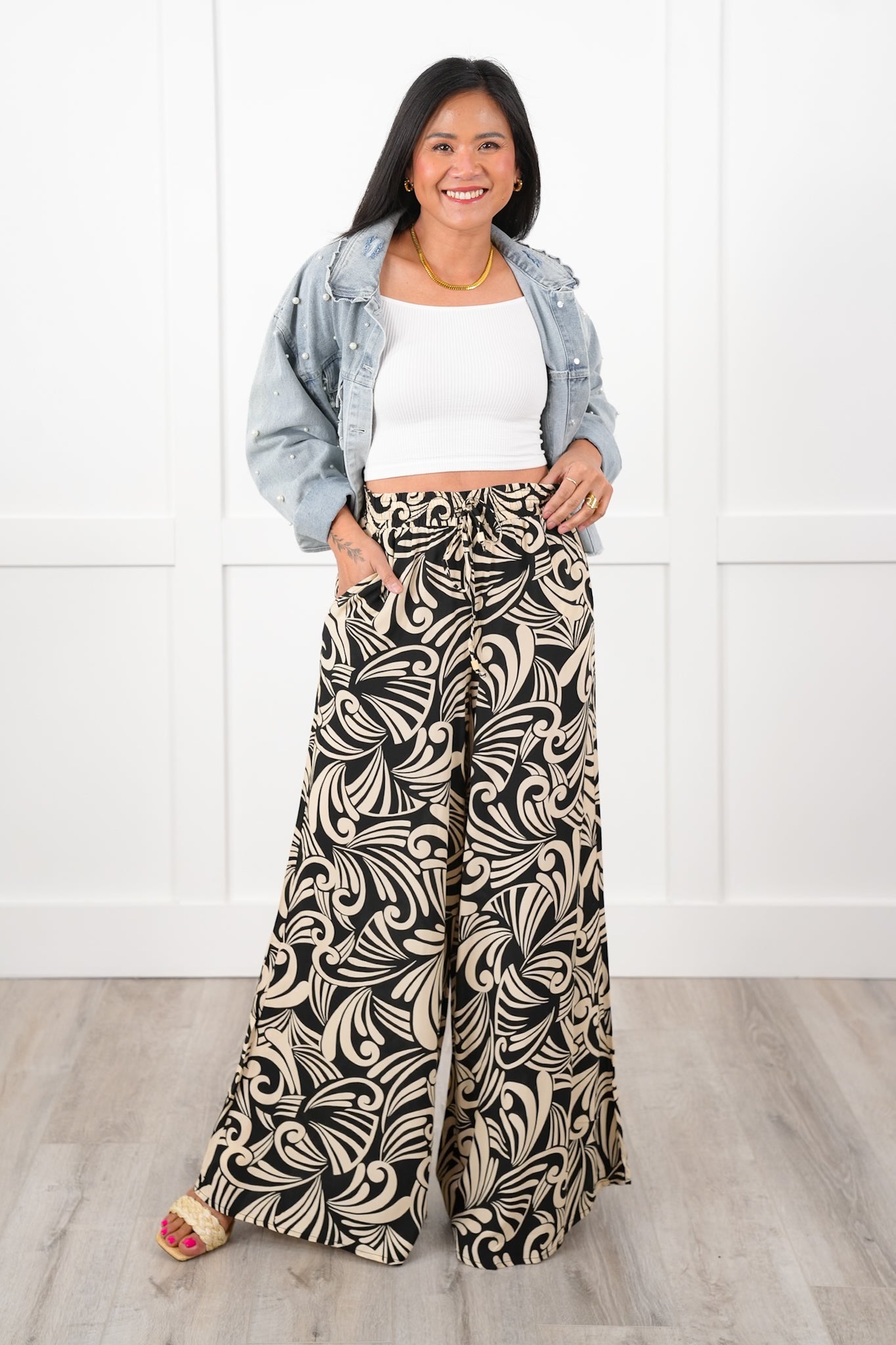 Plus/Reg Tropical Print Elastic Waist Wide Leg Pants