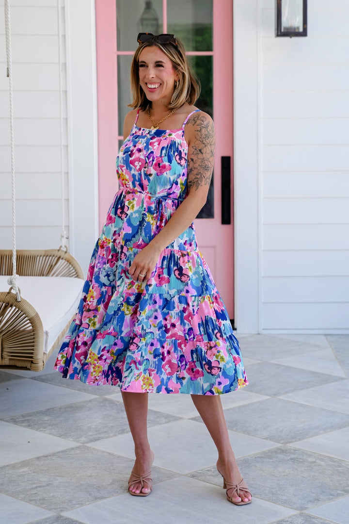 Abstract Floral Print Sleeveless Button Up Belted Tiered Midi Dress