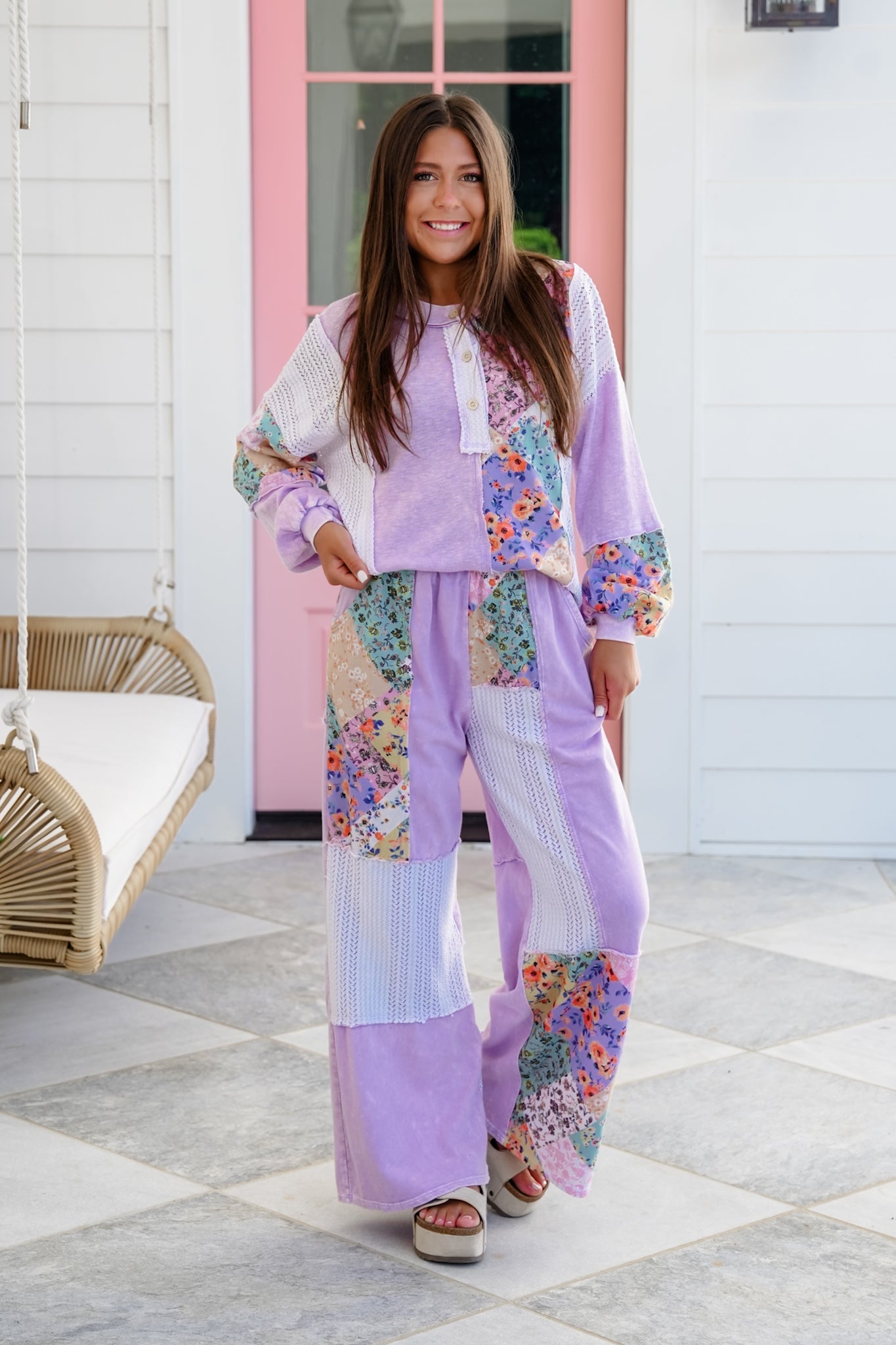 Color Block Floral Elastic Waist Wide Leg Knit Pants with Side Pockets