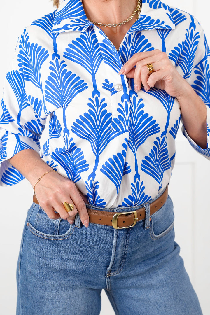 Print 3/4 Sleeve Button Up Wide Collar Top