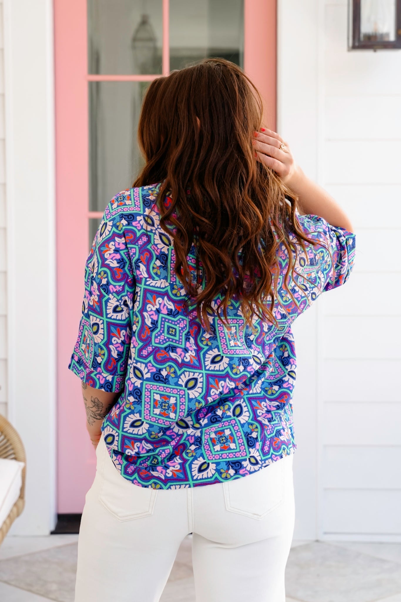 Abstract Floral 3/4 Dolman Sleeve Button Down Blouse