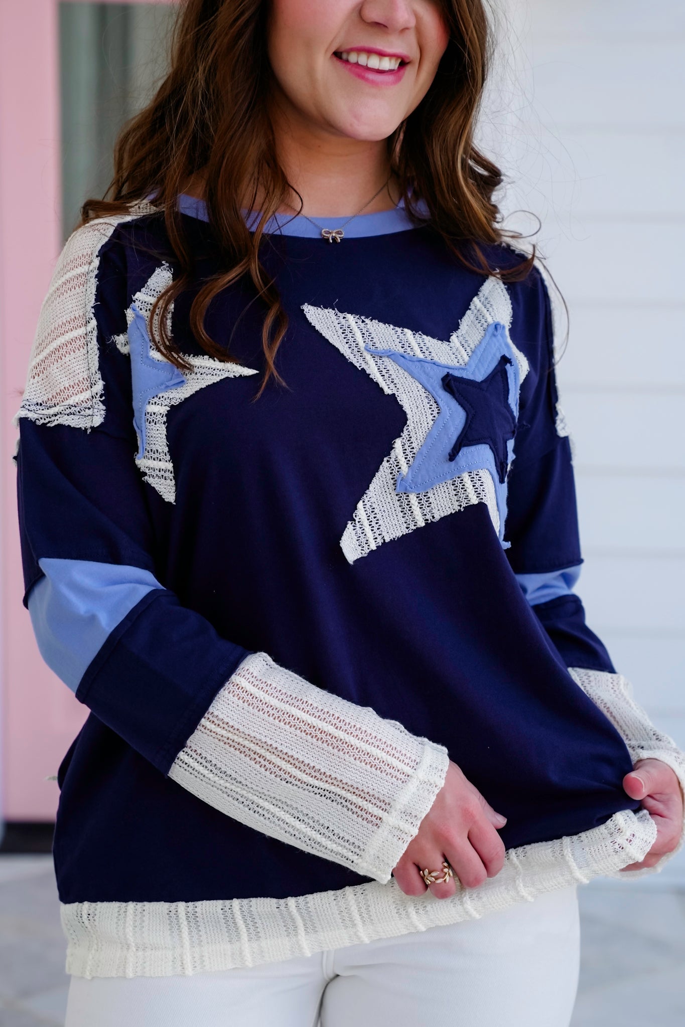 Long Sleeve Round Neck Top with Star Patch Detail