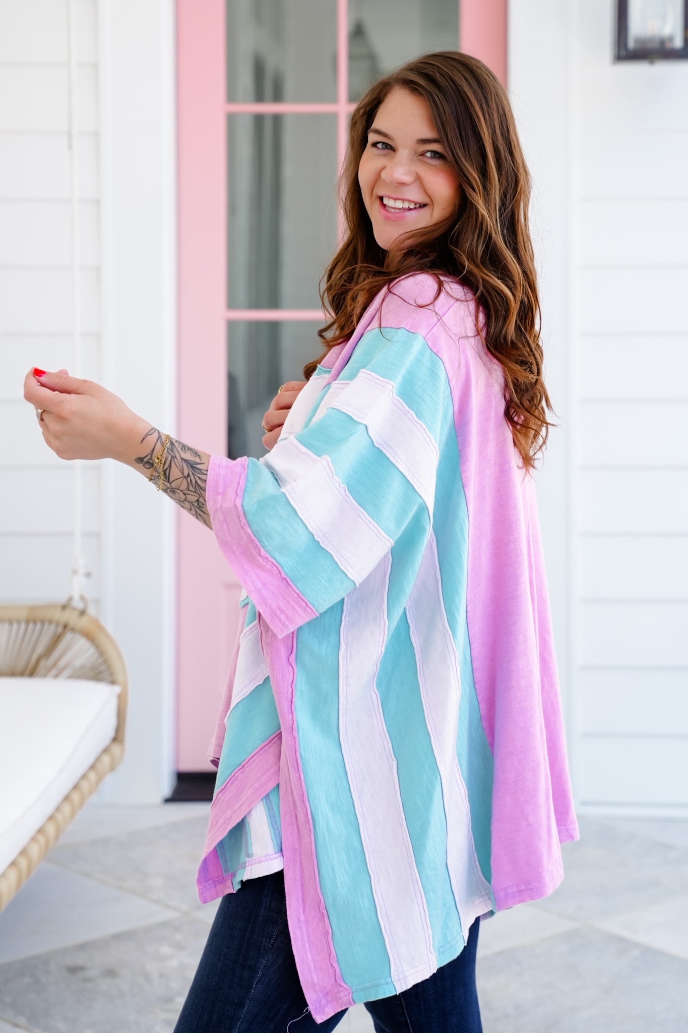 Color Block Flower Patch Long Sleeve Poncho Top