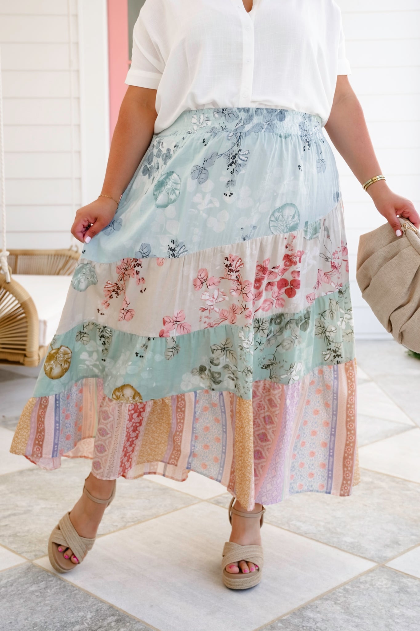 Plus/Reg Floral Elastic Waist Tiered Midi Skirt
