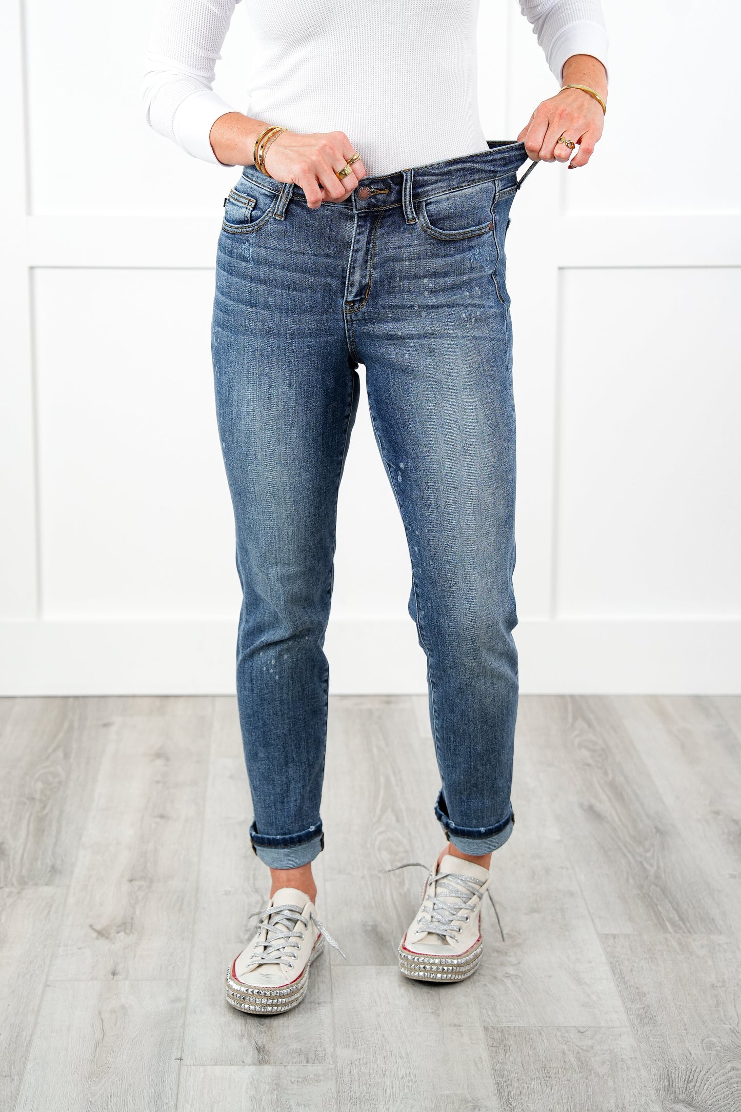 Judy Blue Bethany Bleach Dark Wash High Rise Bleach Splash Boyfriends
