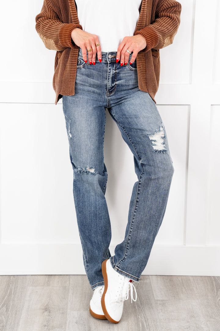 Judy Blue High Rise Medium Wash Dad Straight Leg Distressed Jeans