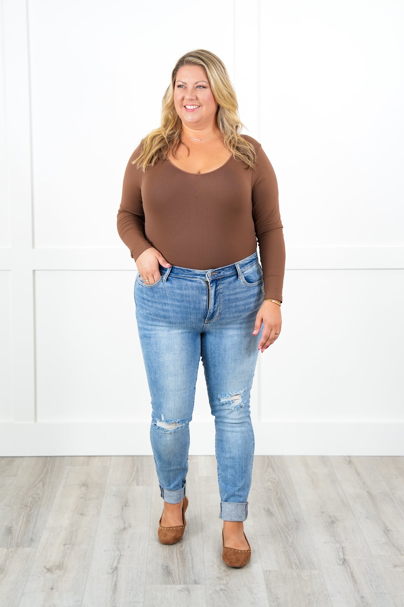 Door Buster! Plus/Reg Solid Reversible Long Sleeve V-Neck/Scoop-Neck Bodysuit