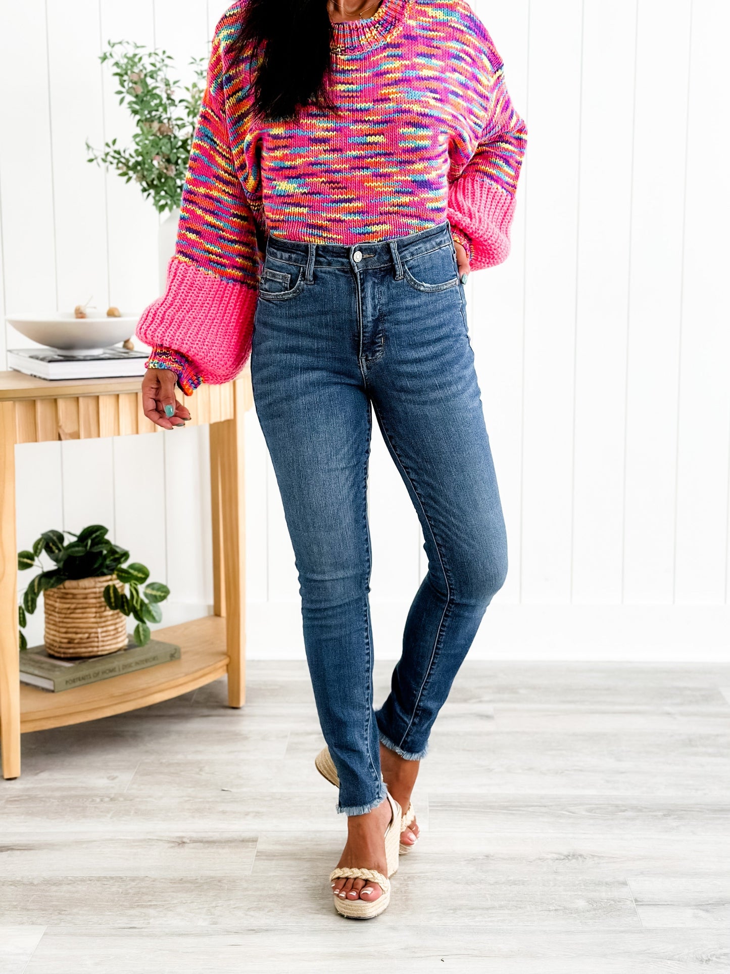 Judy Blue What Dreams are Made Of High Rise Medium Wash Tummy Control Side Slit With Frayed Hem Skinny Jeans