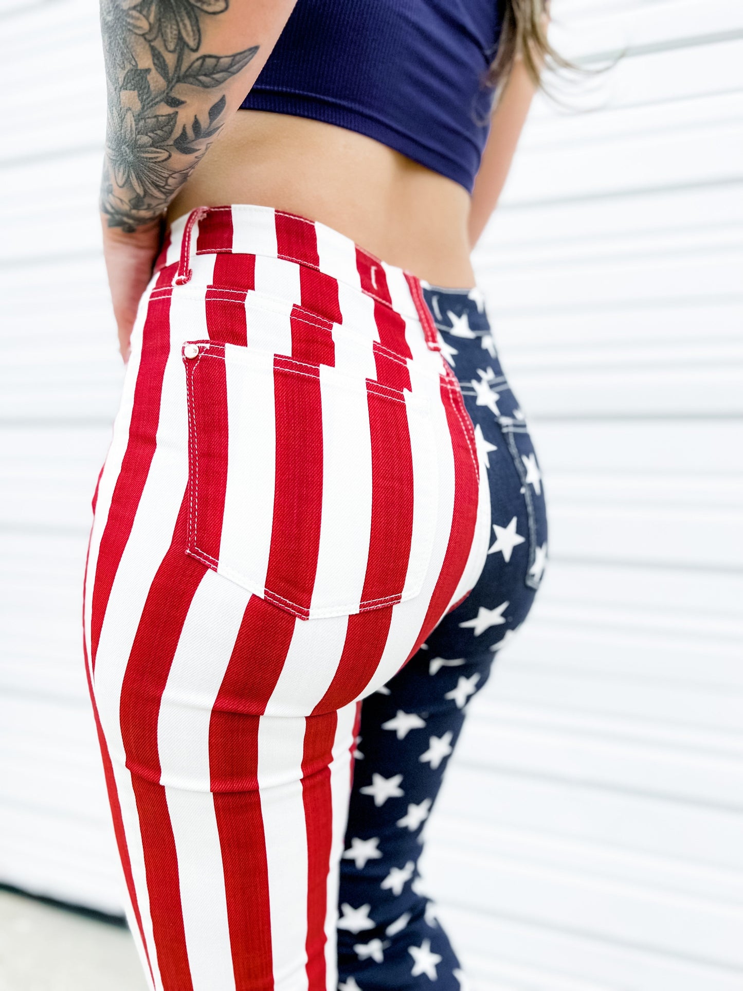 Judy Blue High Rise Stars and Stripes Print Raw Hem Flare Jeans