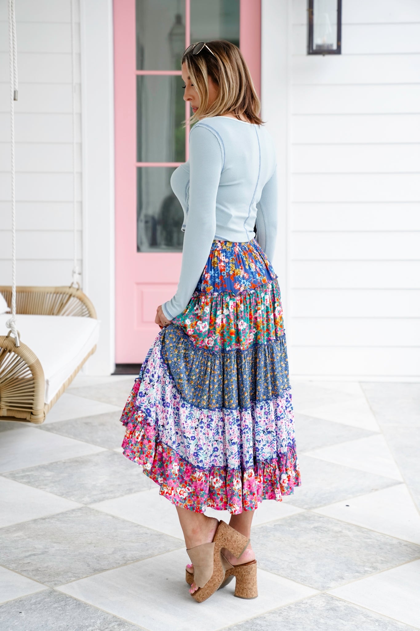 Plus/Reg Mixed Floral Print Elastic Waist Tiered Skirt