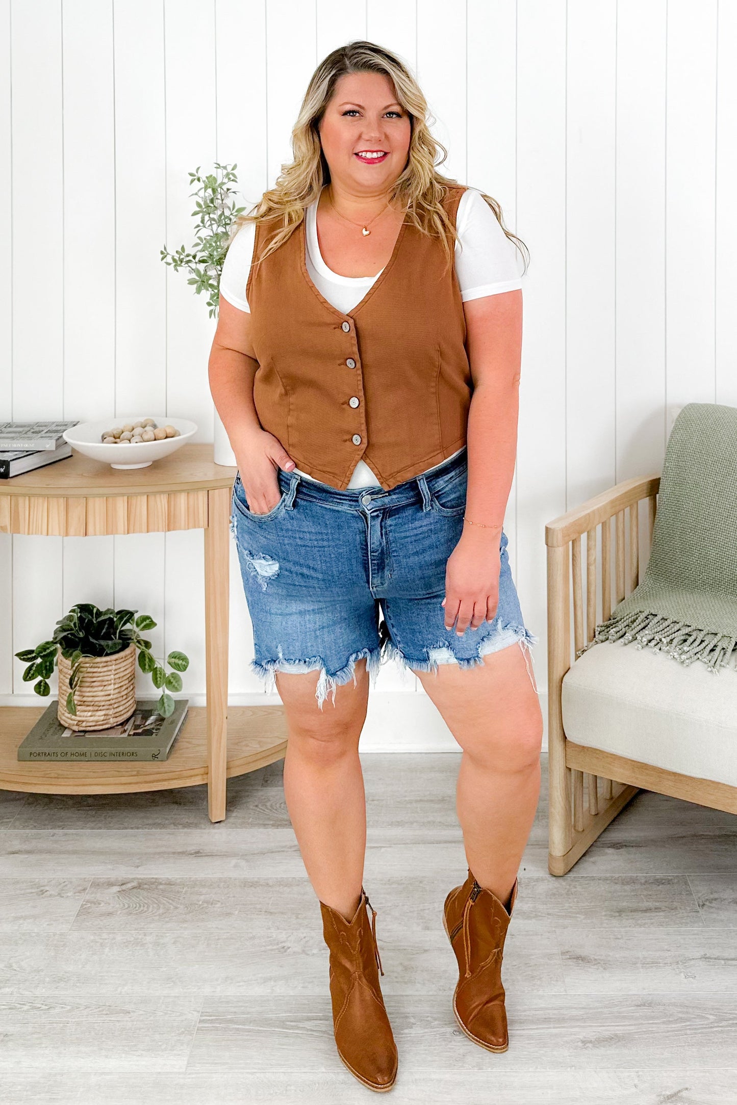 Plus/Reg Judy Blue Colored Denim Button Down Vest (Multiple Colors)