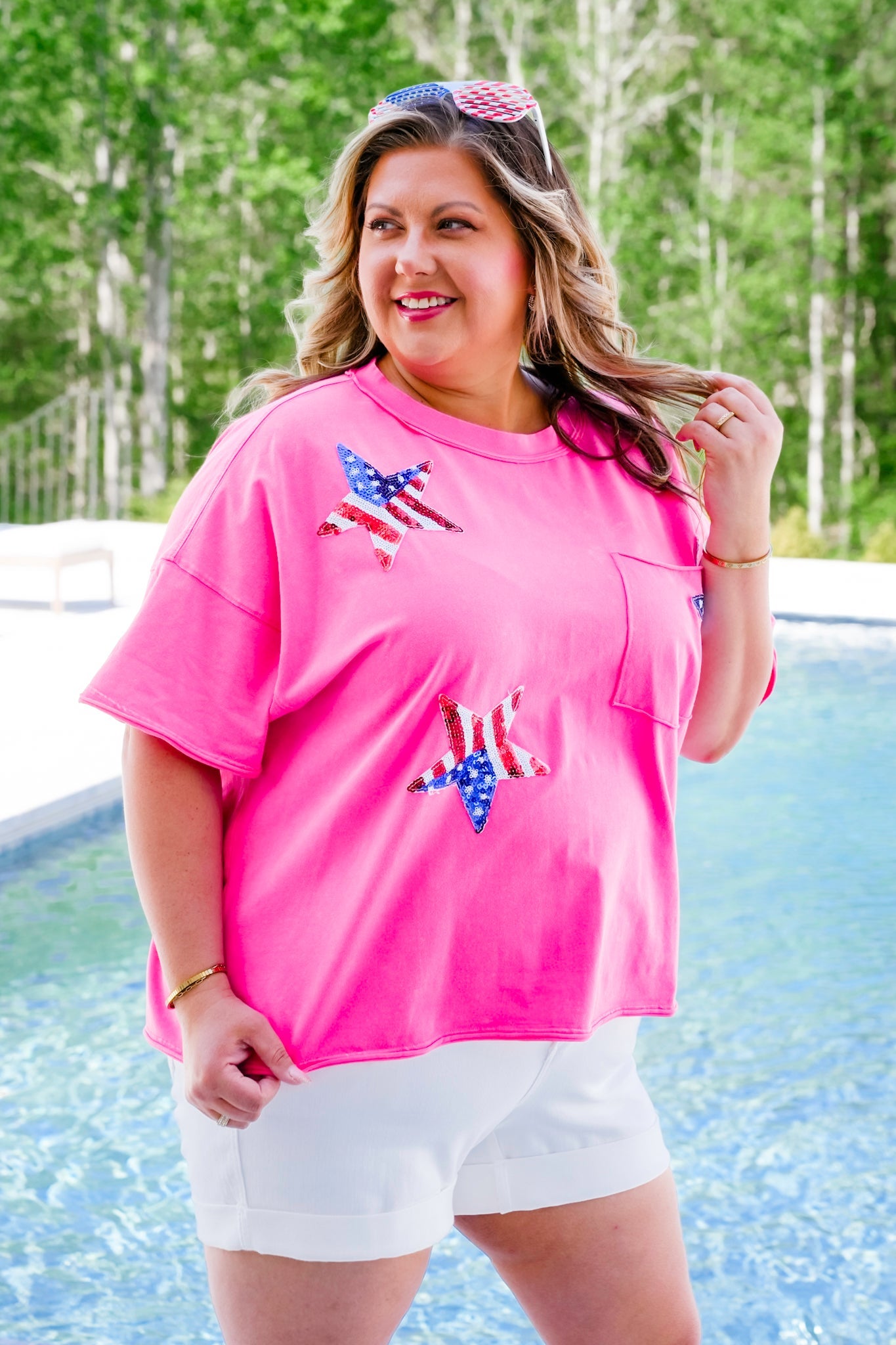 Plus/Reg Mineral Wash Short Sleeve Top with Sequin Star Patch Detail