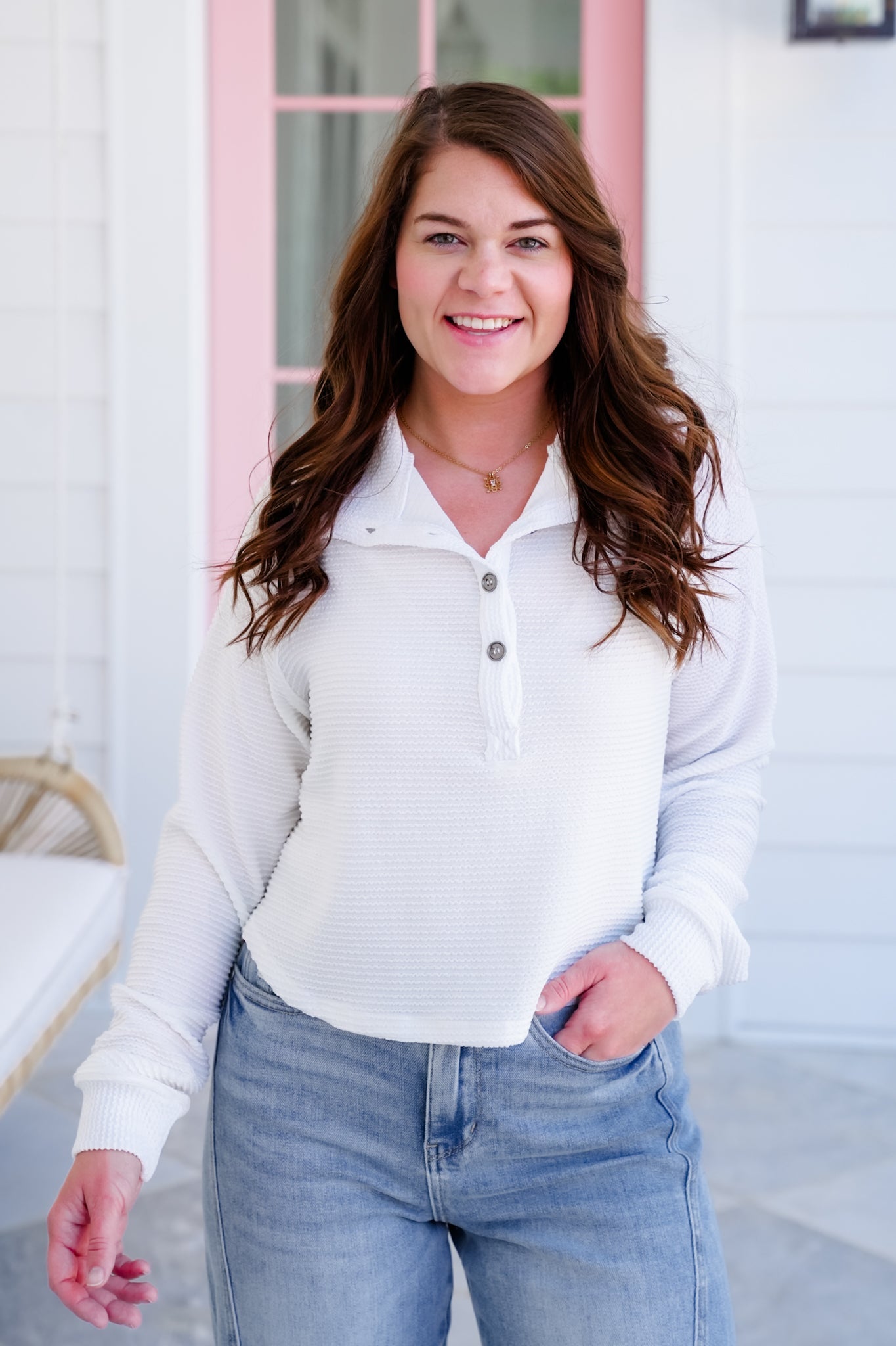 Ivory Textured Long Sleeve Button Up Top